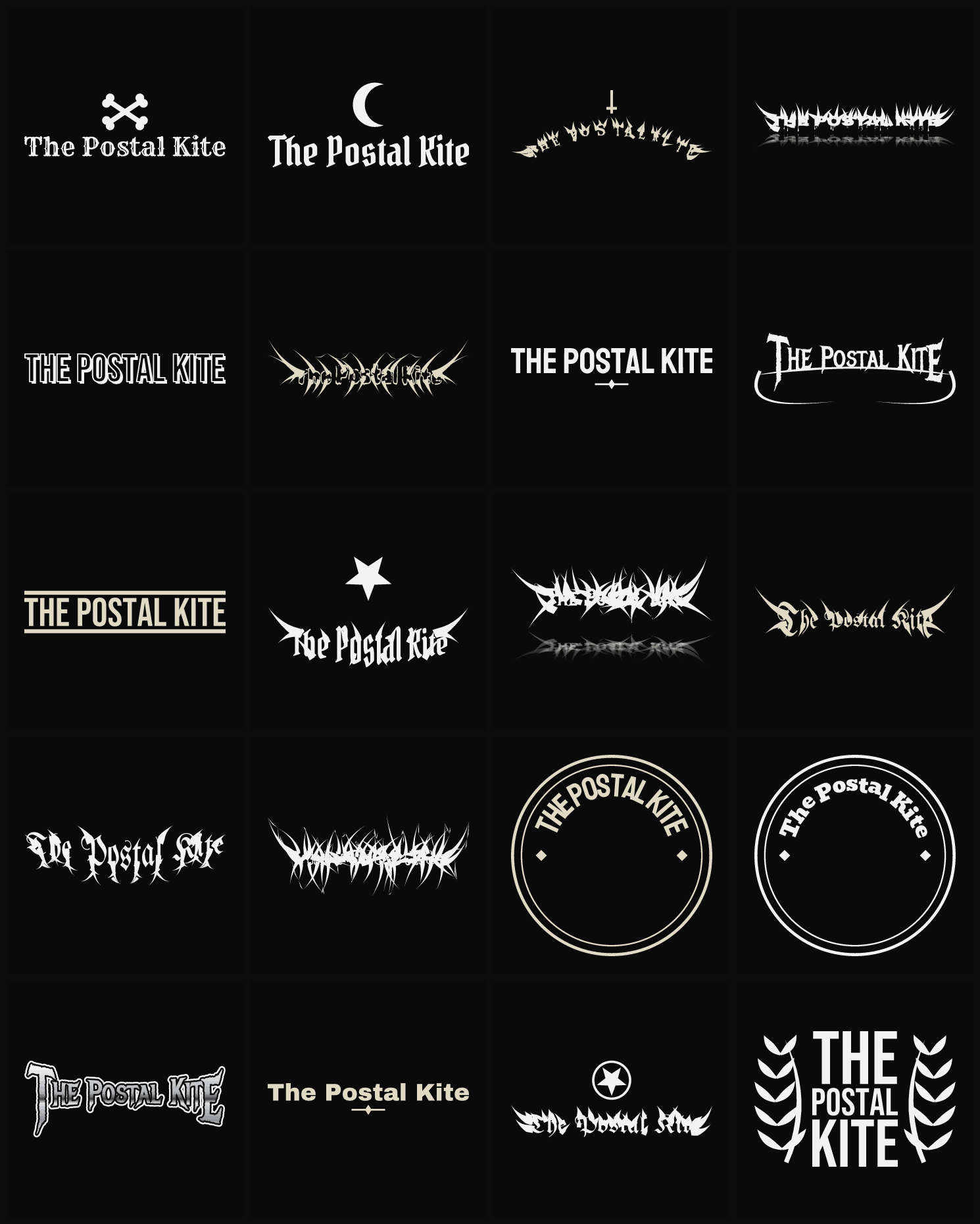 Twenty The Postal Kite band logo ideas — different faces, treatments and spike settings