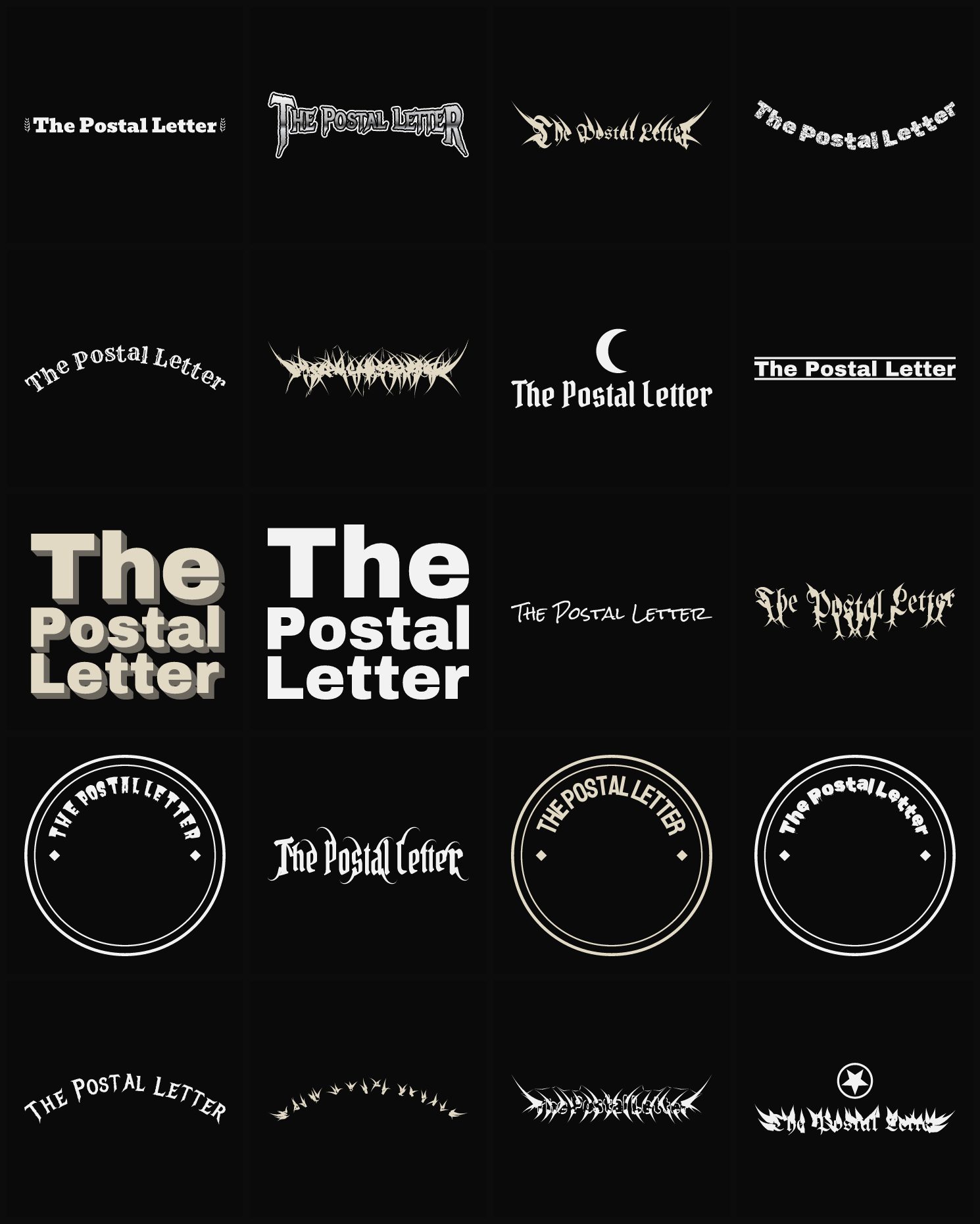 Twenty The Postal Letter band logo ideas — different faces, treatments and spike settings