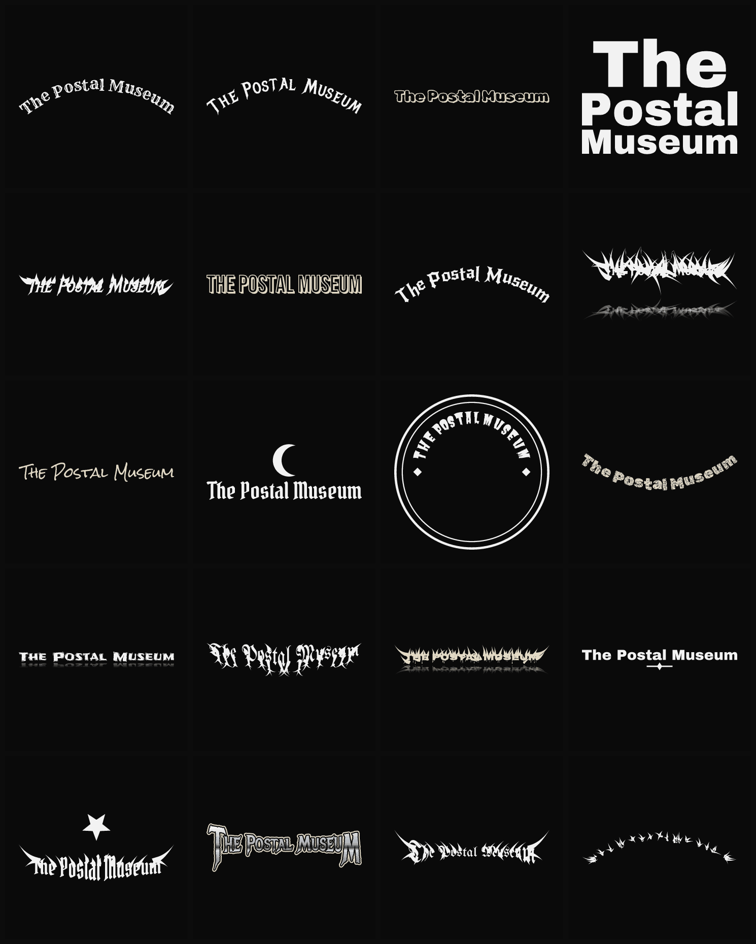 Twenty The Postal Museum band logo ideas — different faces, treatments and spike settings
