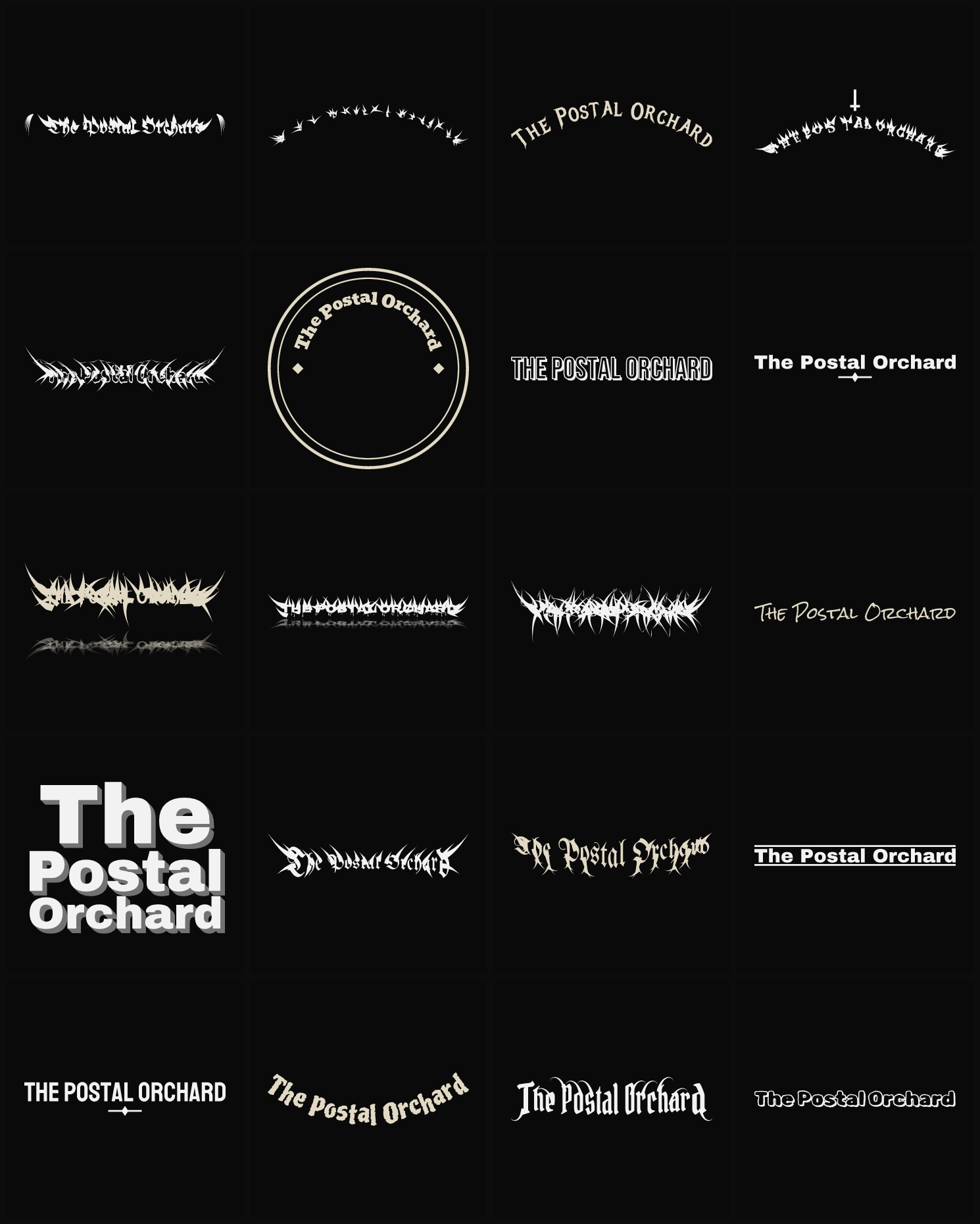 Twenty The Postal Orchard band logo ideas — different faces, treatments and spike settings