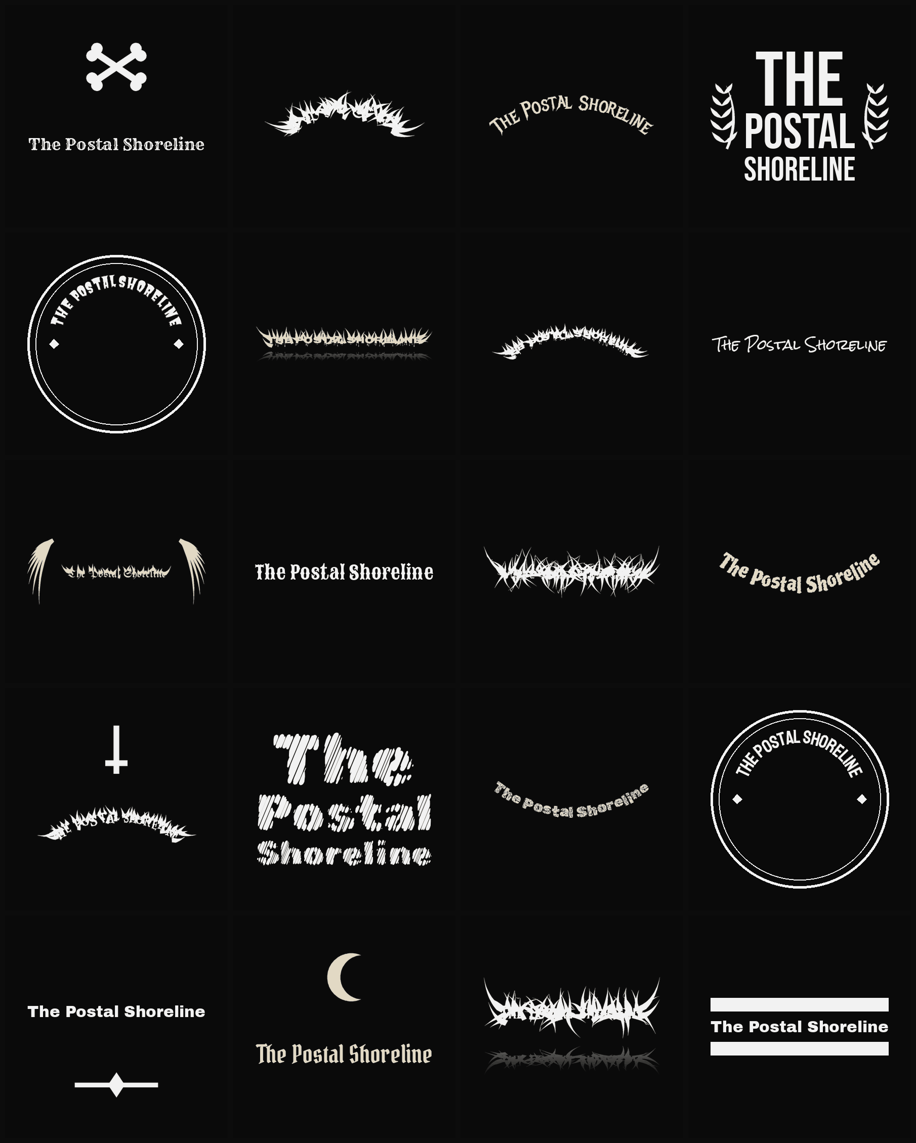 Twenty The Postal Shoreline band logo ideas — different faces, treatments and spike settings