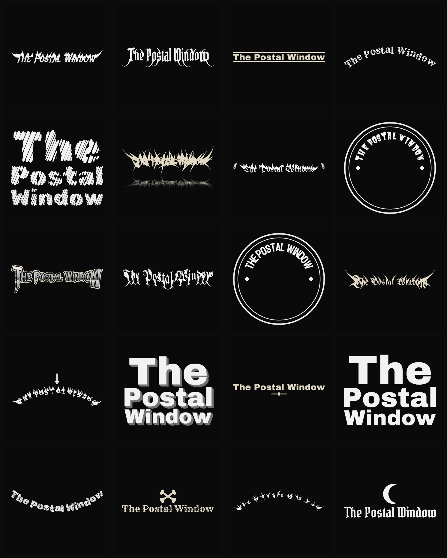 Twenty The Postal Window band logo ideas — different faces, treatments and spike settings