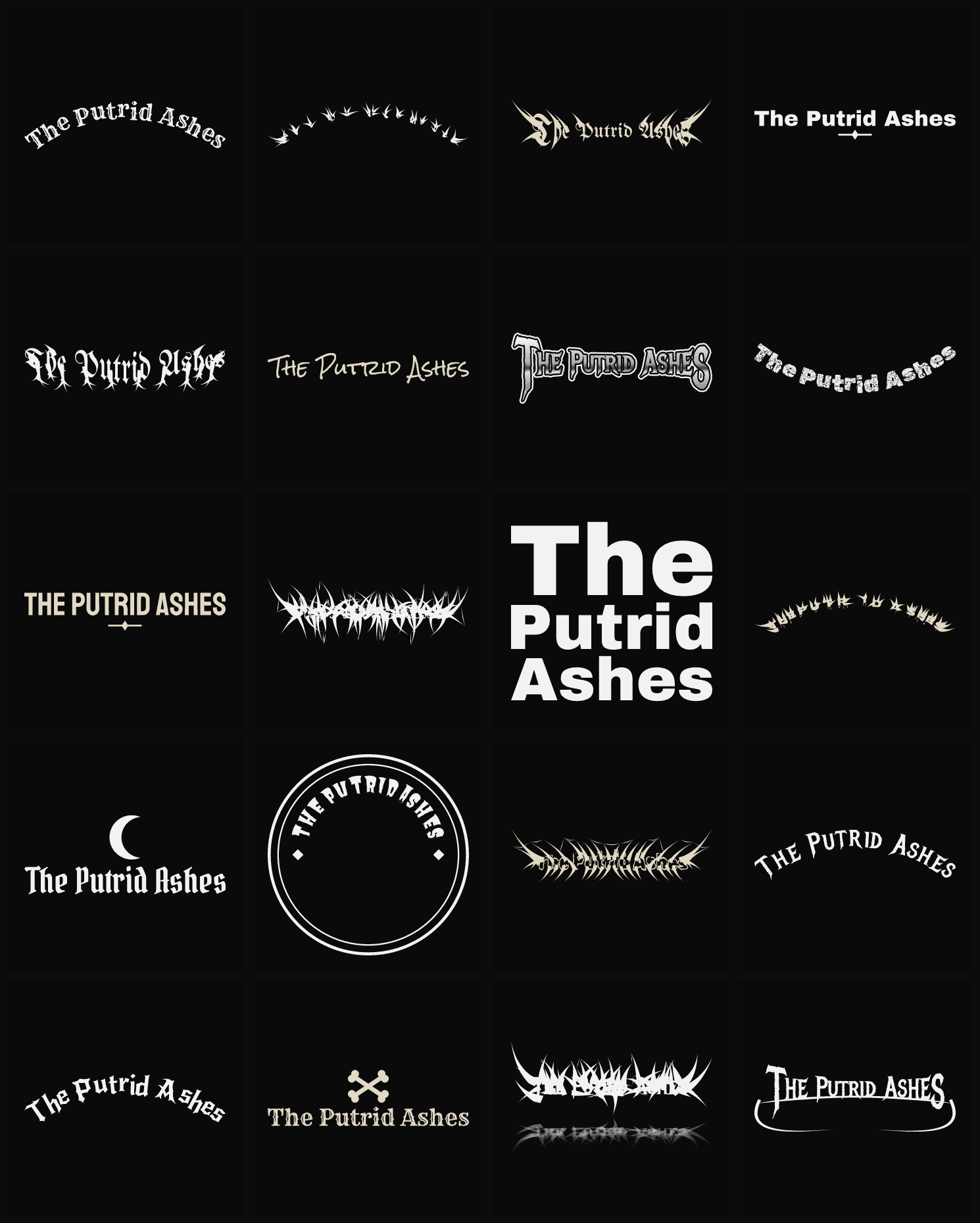 Twenty The Putrid Ashes band logo ideas — different faces, treatments and spike settings