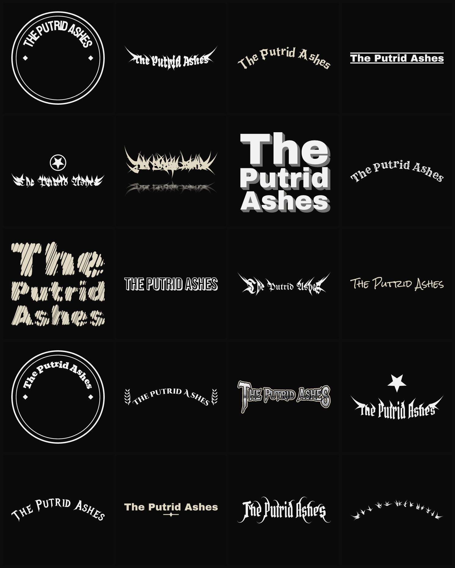 Twenty The Putrid Ashes band logo ideas — different faces, treatments and spike settings