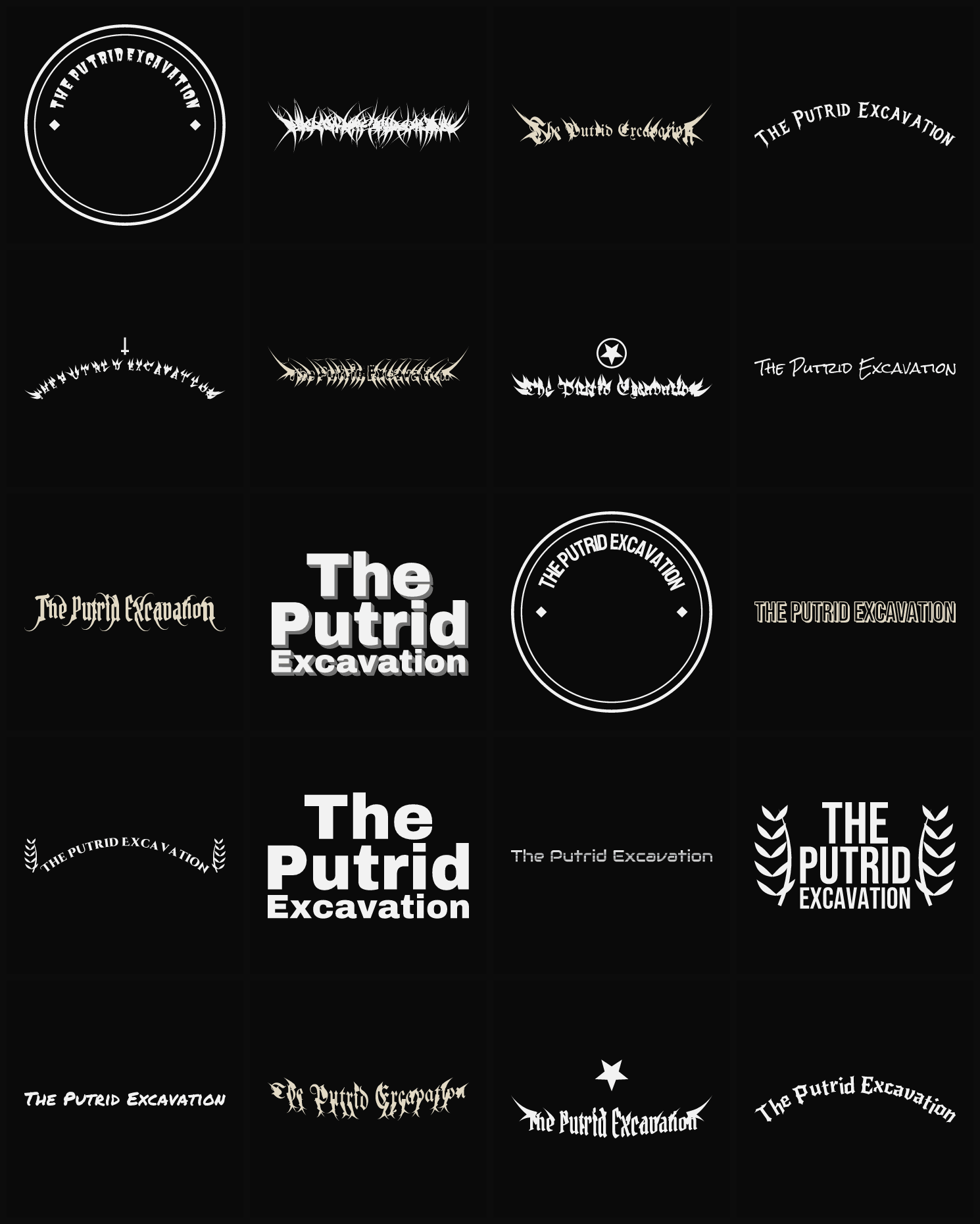 Twenty The Putrid Excavation band logo ideas — different faces, treatments and spike settings