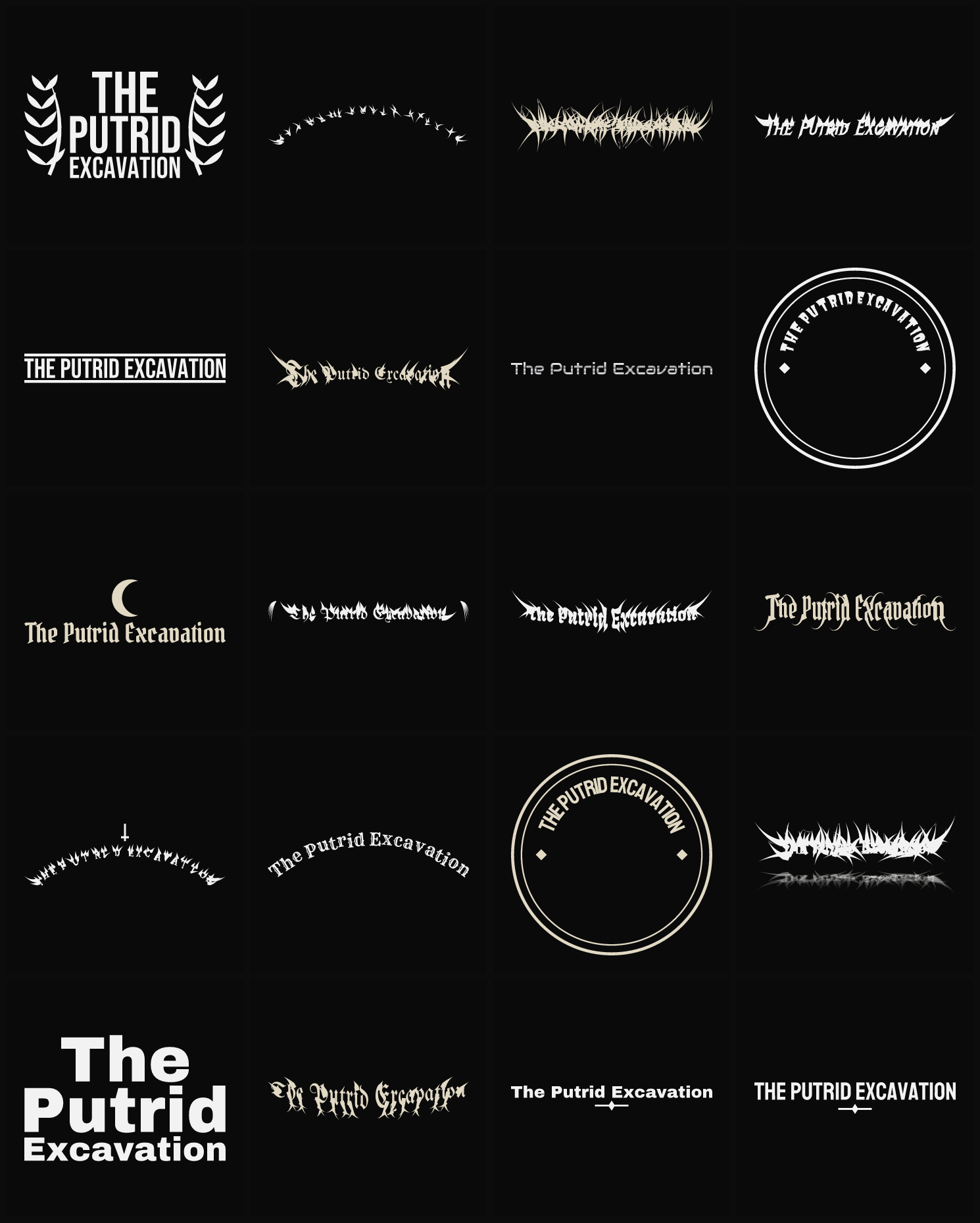 Twenty The Putrid Excavation band logo ideas — different faces, treatments and spike settings