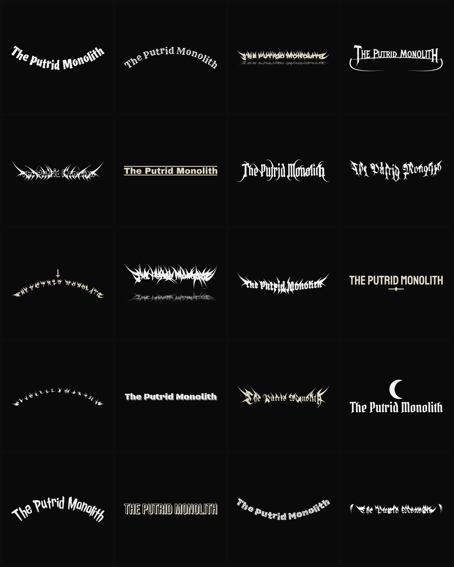 Twenty The Putrid Monolith band logo ideas — different faces, treatments and spike settings