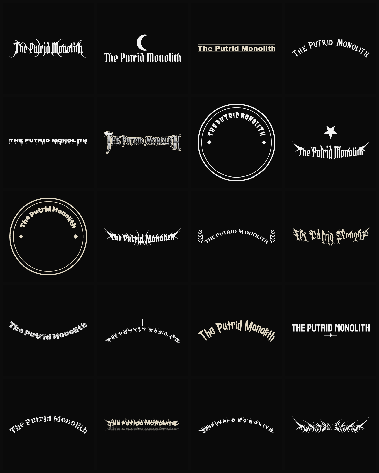 Twenty The Putrid Monolith band logo ideas — different faces, treatments and spike settings
