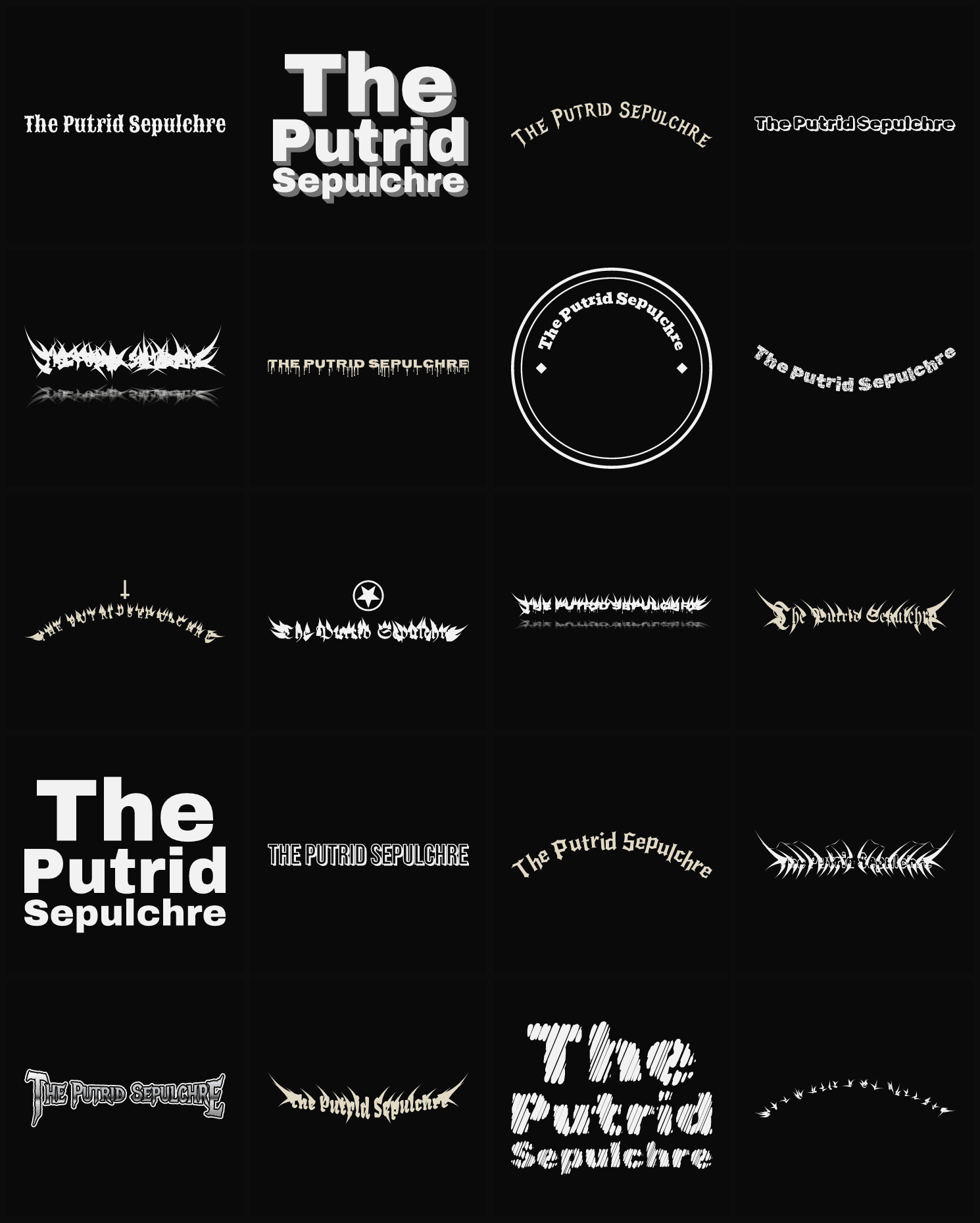 Twenty The Putrid Sepulchre band logo ideas — different faces, treatments and spike settings