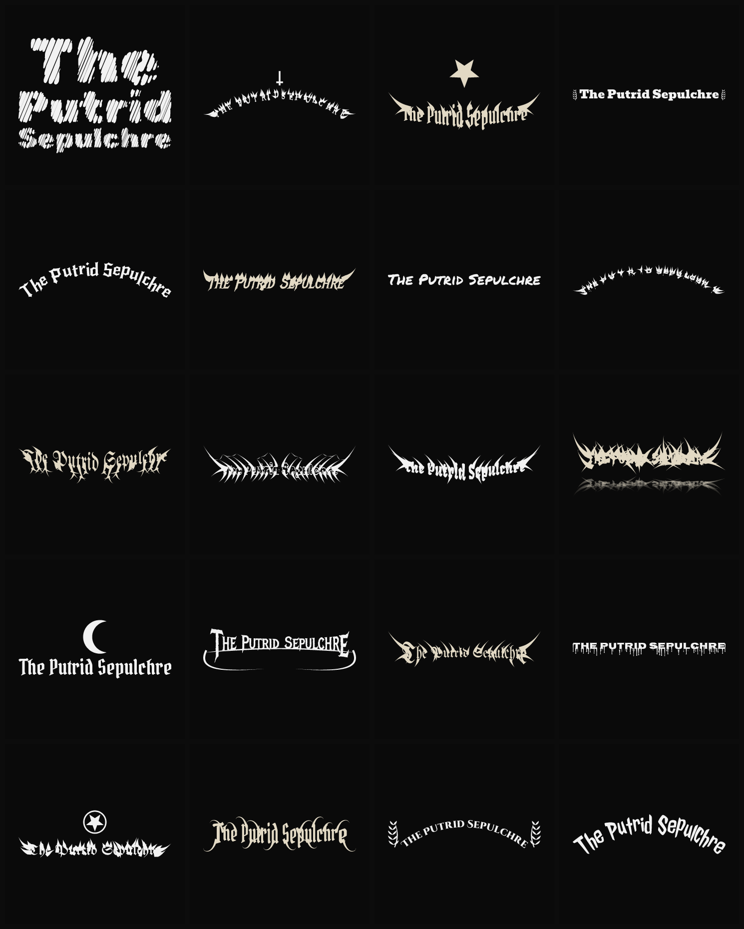 Twenty The Putrid Sepulchre band logo ideas — different faces, treatments and spike settings