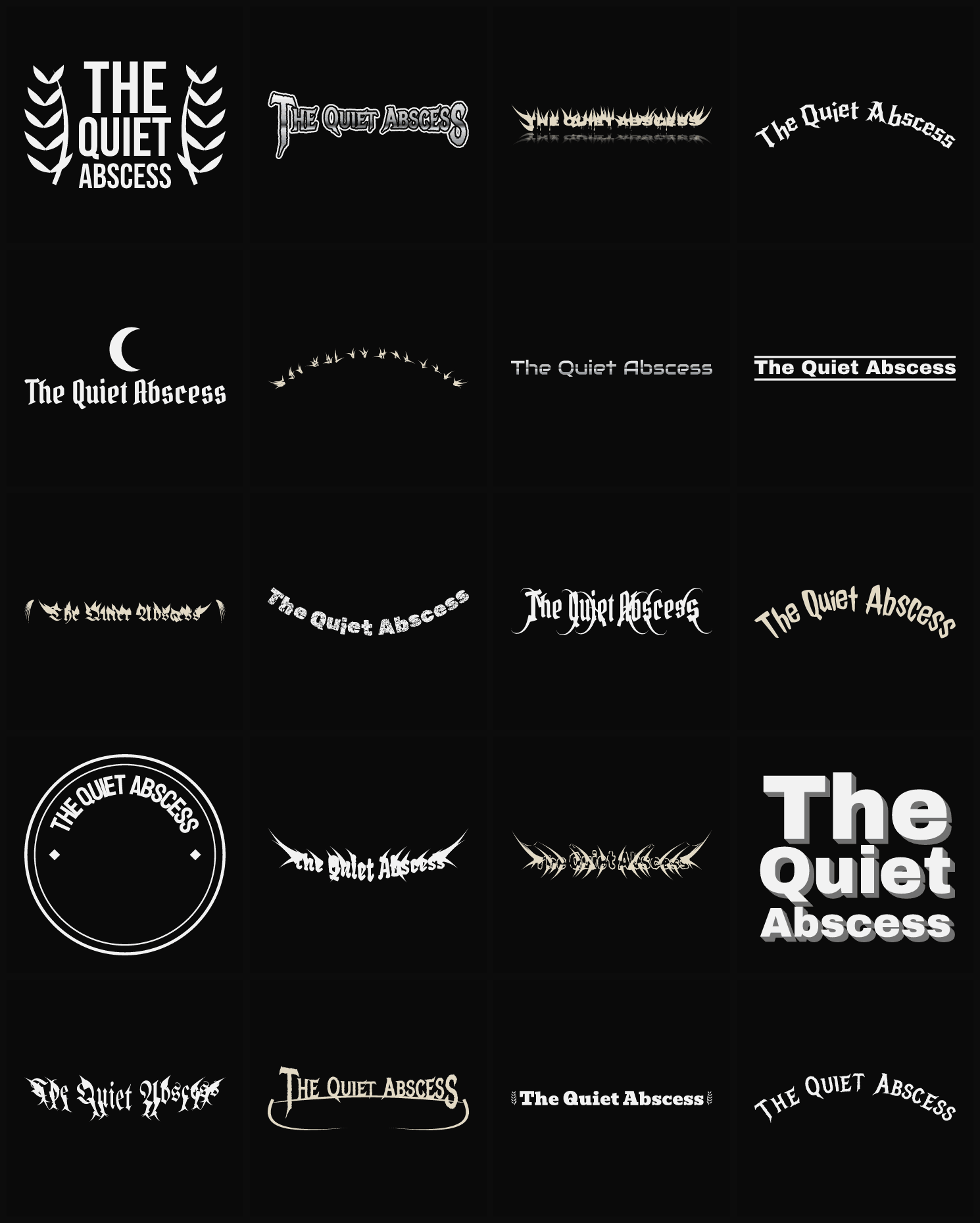 Twenty The Quiet Abscess band logo ideas — different faces, treatments and spike settings