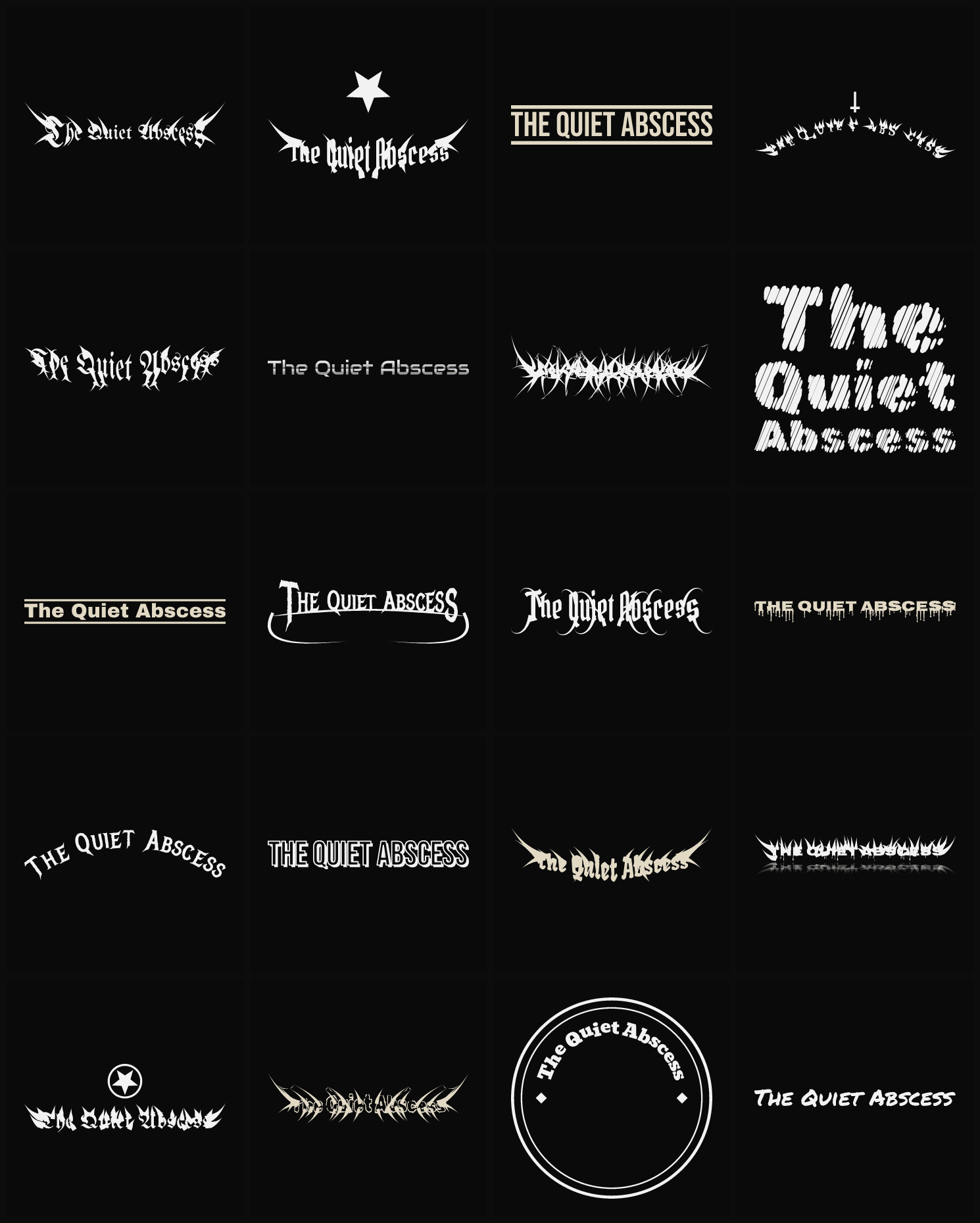 Twenty The Quiet Abscess band logo ideas — different faces, treatments and spike settings