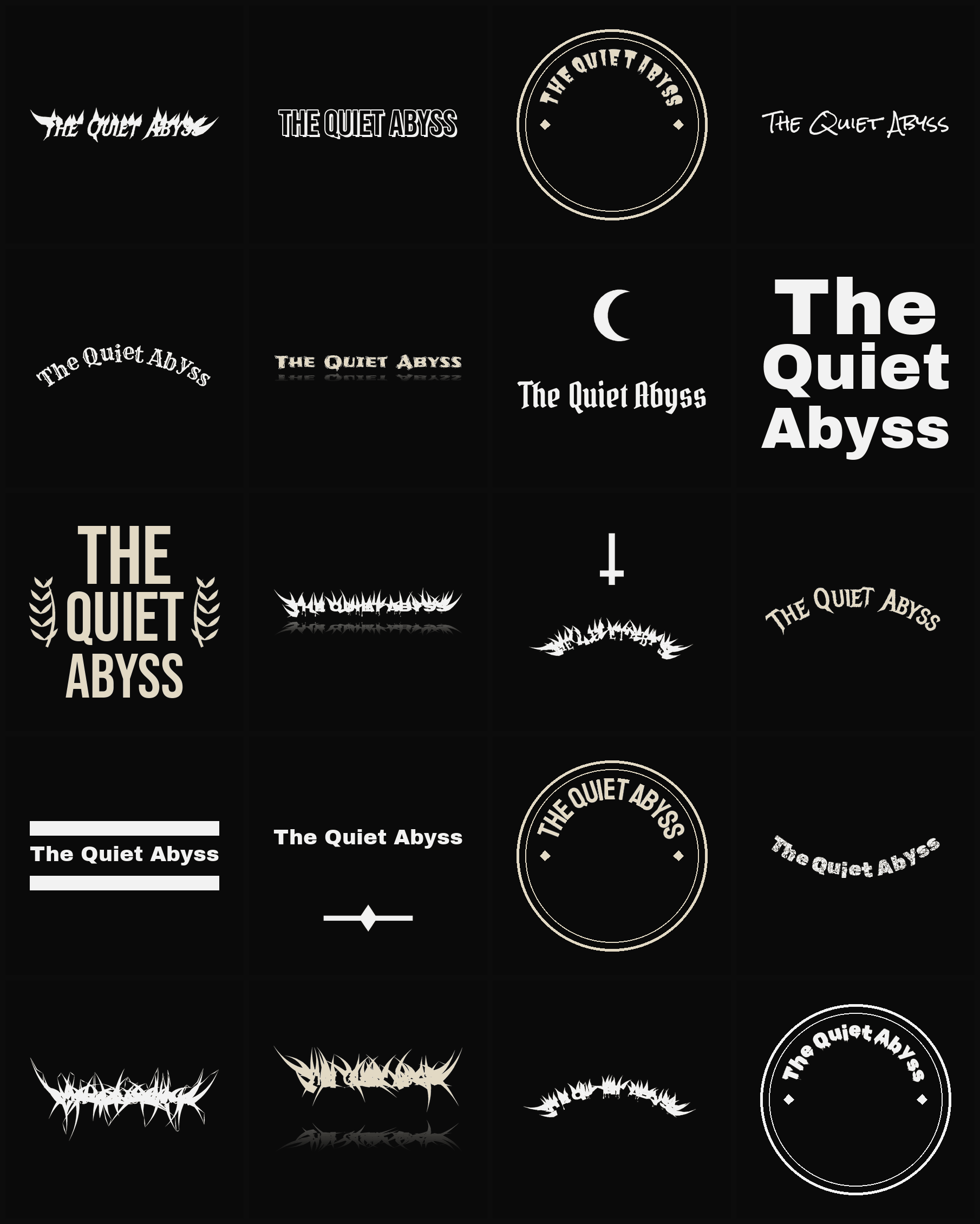 Twenty The Quiet Abyss band logo ideas — different faces, treatments and spike settings