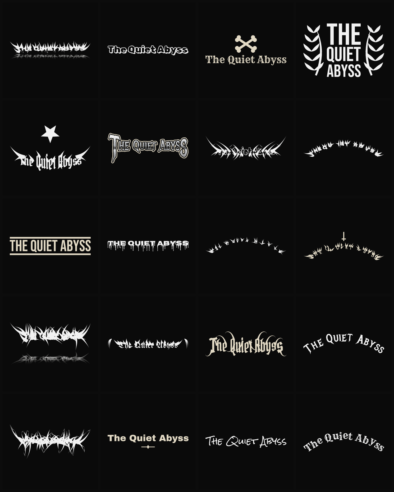 Twenty The Quiet Abyss band logo ideas — different faces, treatments and spike settings