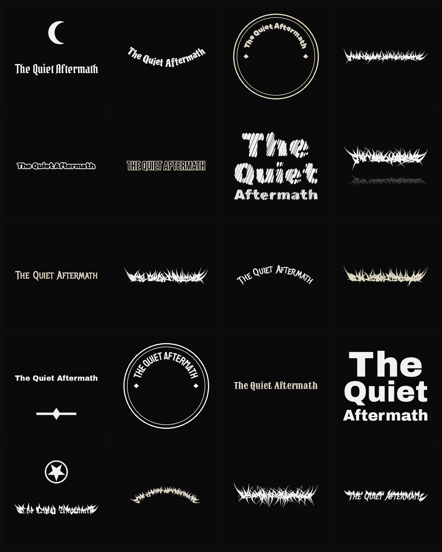 Twenty The Quiet Aftermath band logo ideas — different faces, treatments and spike settings