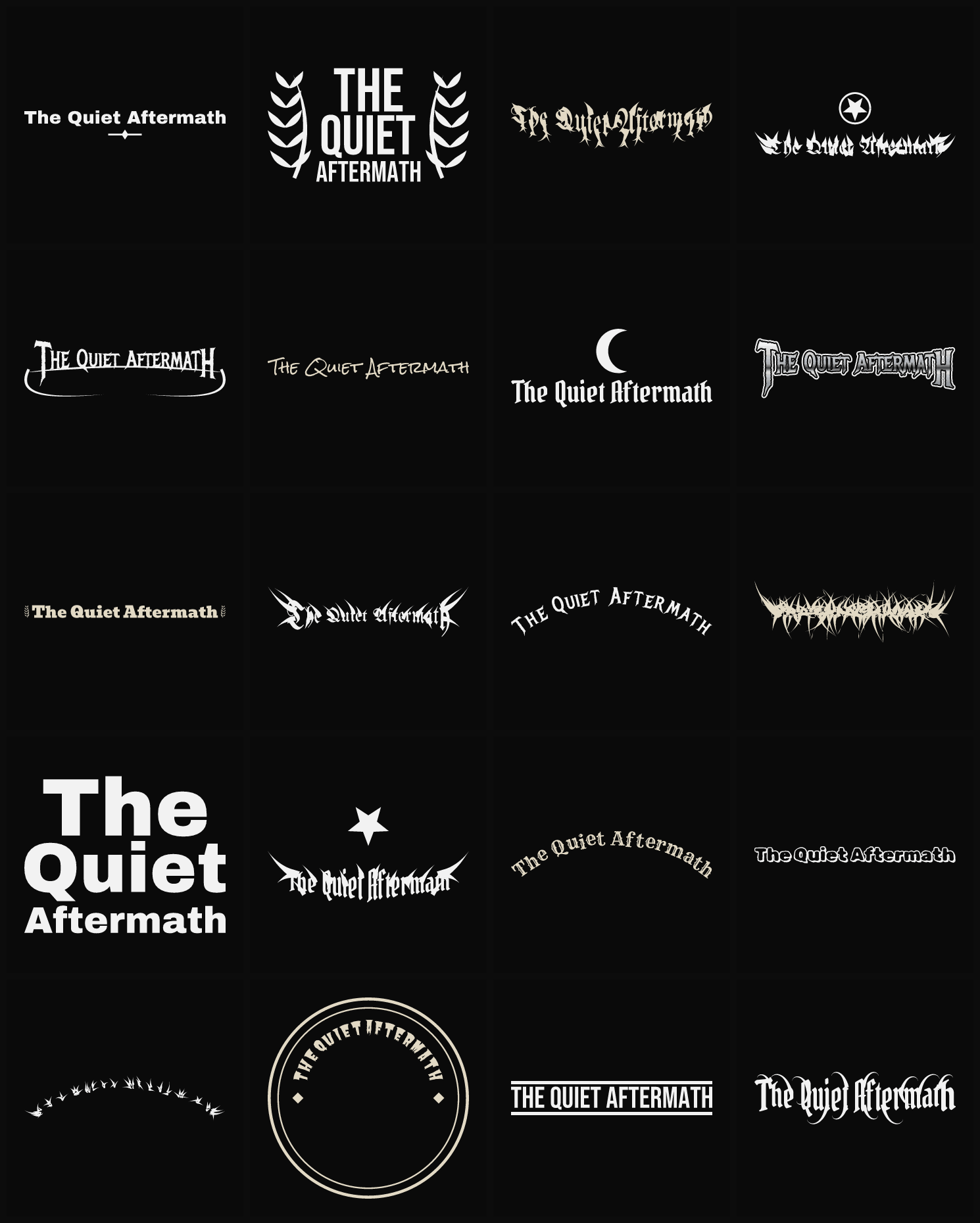 Twenty The Quiet Aftermath band logo ideas — different faces, treatments and spike settings