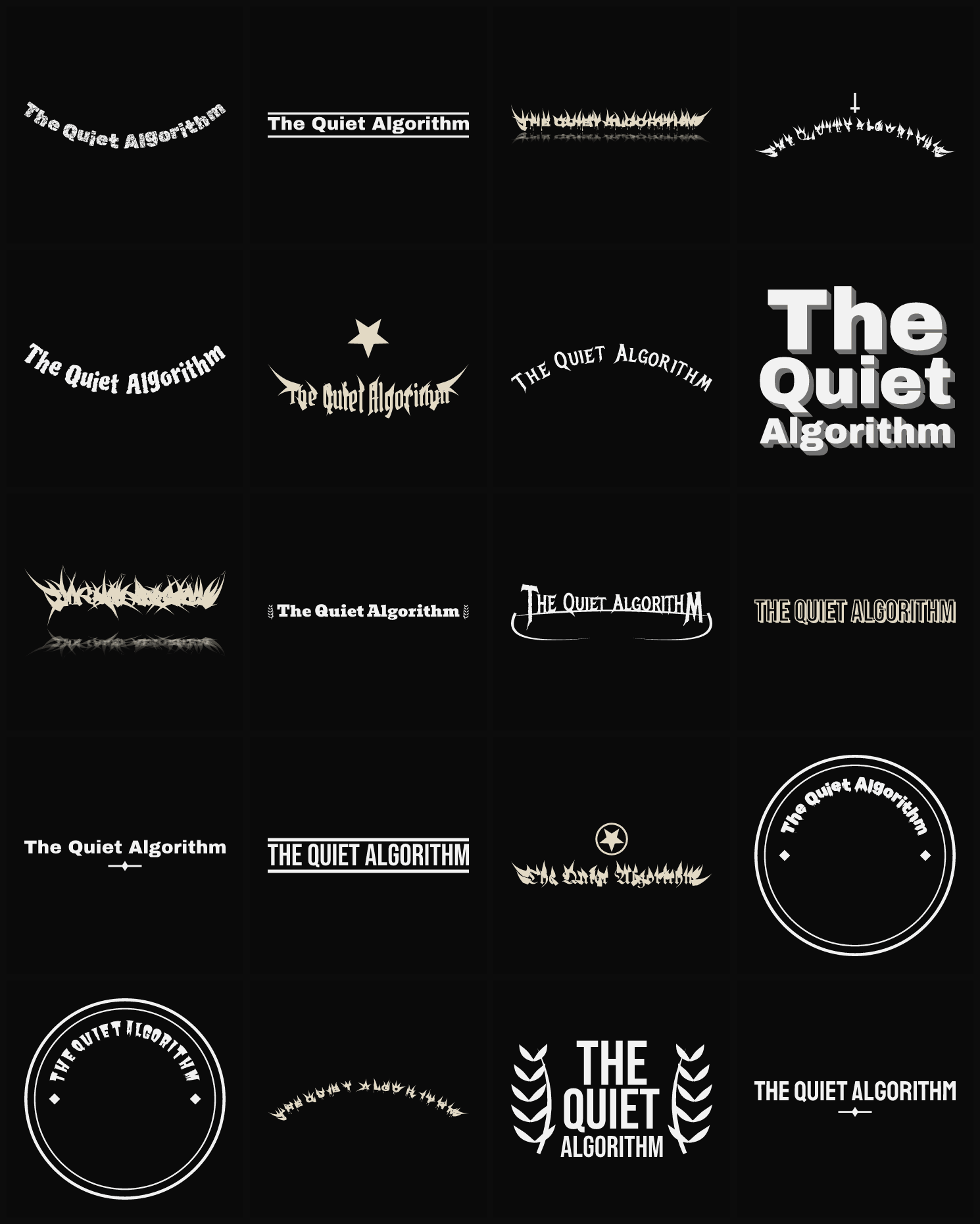 Twenty The Quiet Algorithm band logo ideas — different faces, treatments and spike settings