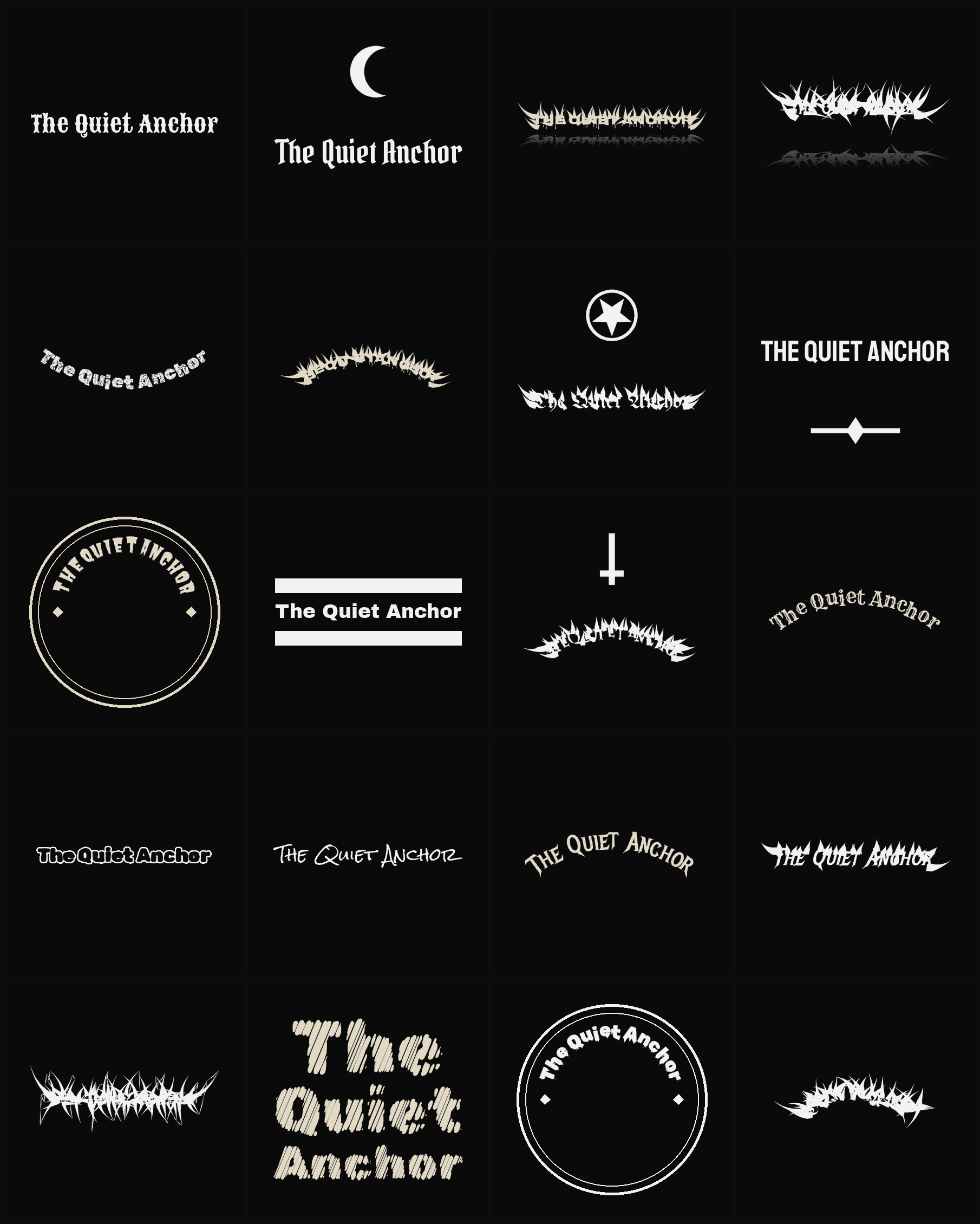Twenty The Quiet Anchor band logo ideas — different faces, treatments and spike settings