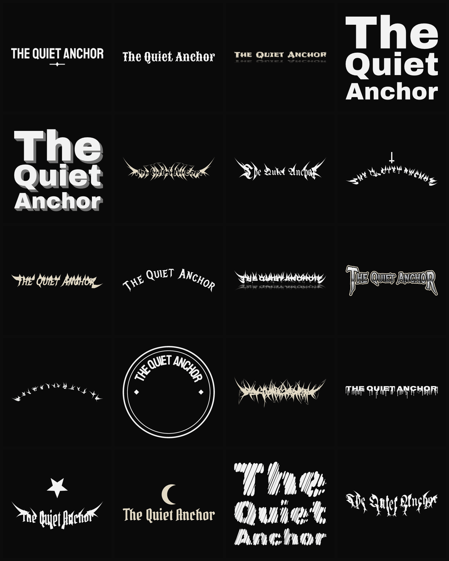 Twenty The Quiet Anchor band logo ideas — different faces, treatments and spike settings