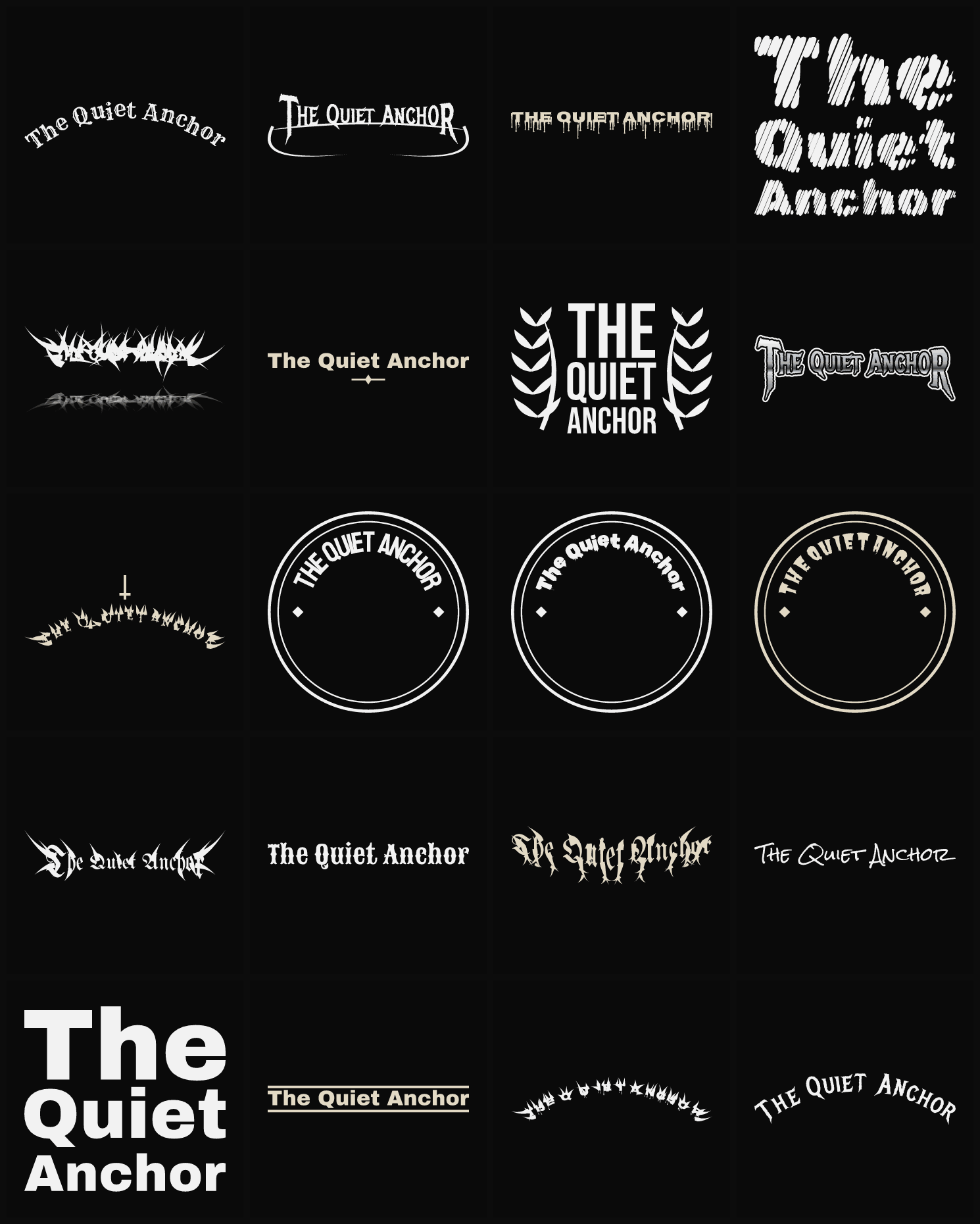 Twenty The Quiet Anchor band logo ideas — different faces, treatments and spike settings