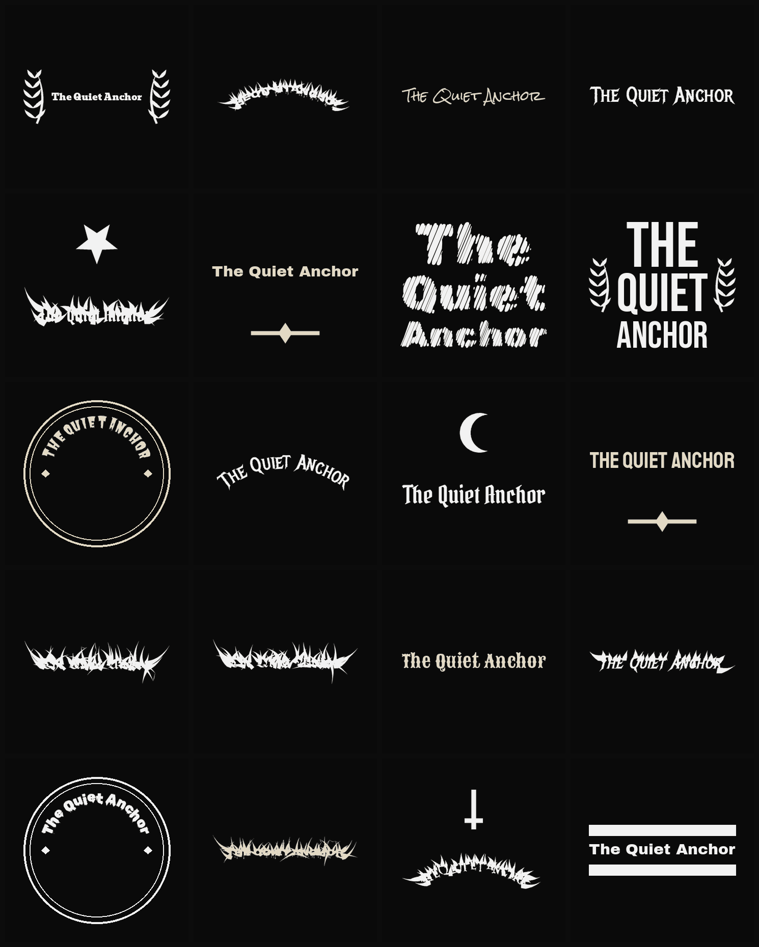 Twenty The Quiet Anchor band logo ideas — different faces, treatments and spike settings