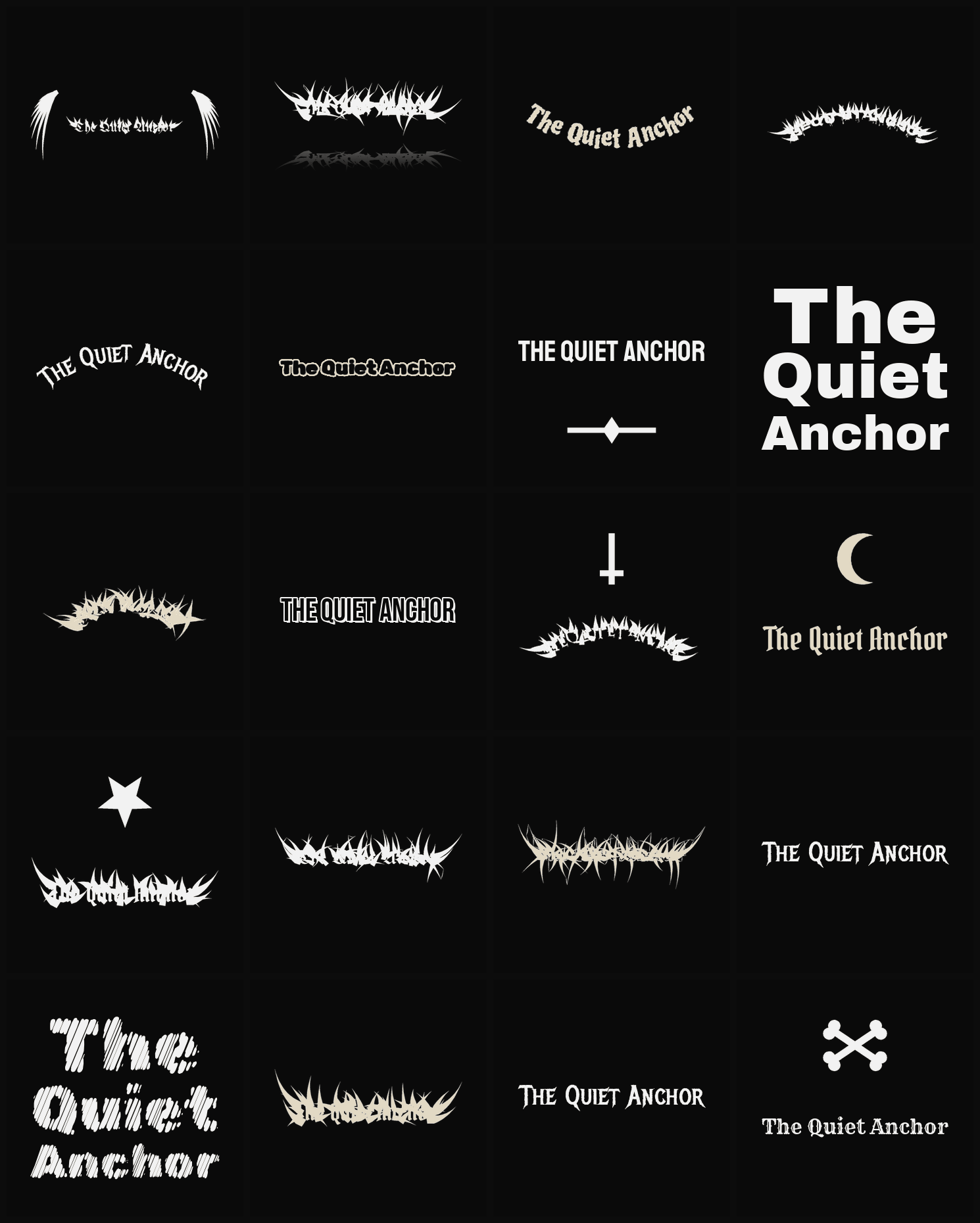 Twenty The Quiet Anchor band logo ideas — different faces, treatments and spike settings