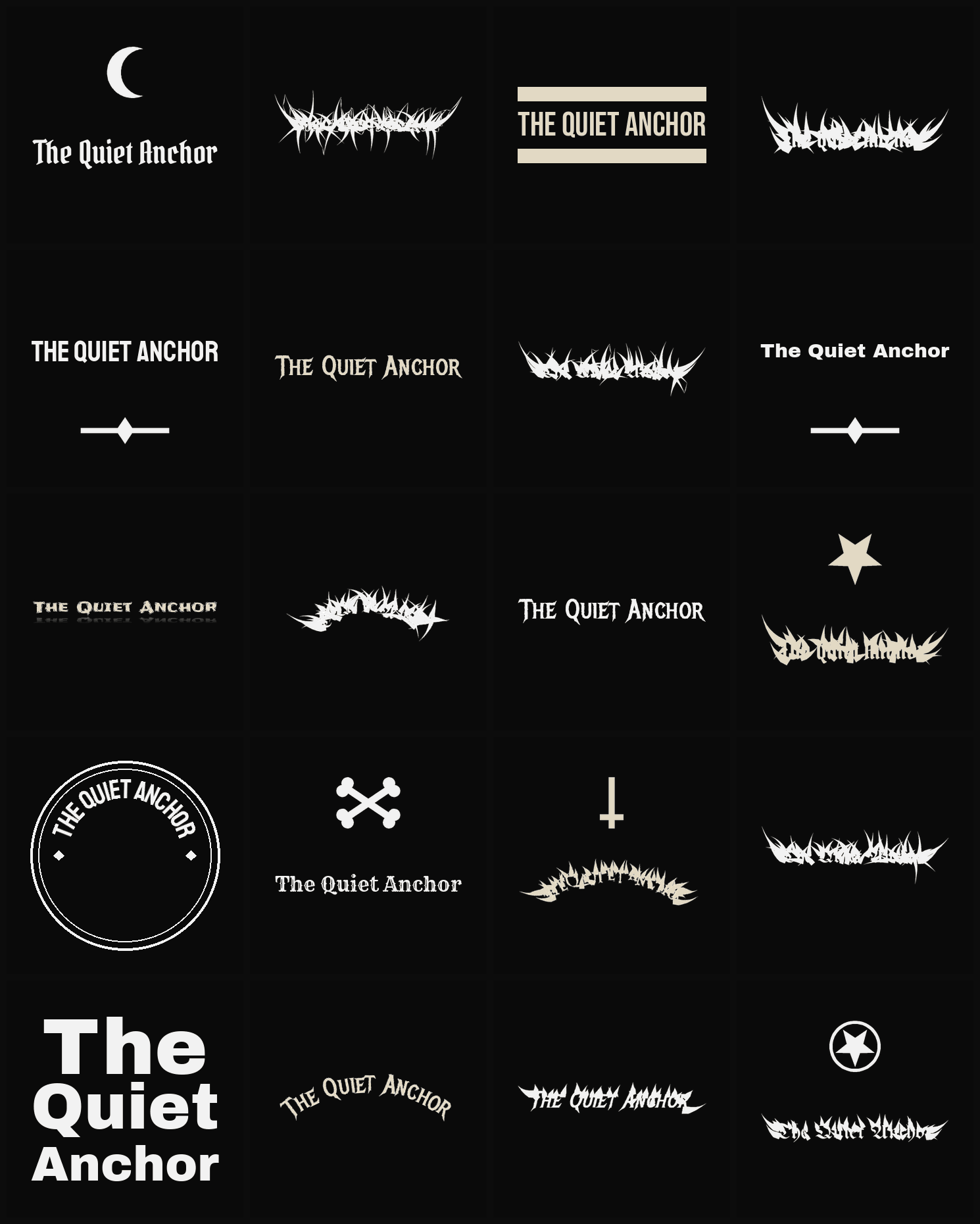 Twenty The Quiet Anchor band logo ideas — different faces, treatments and spike settings