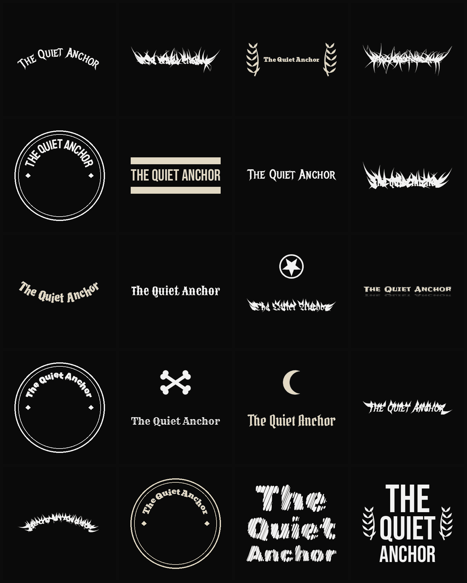 Twenty The Quiet Anchor band logo ideas — different faces, treatments and spike settings
