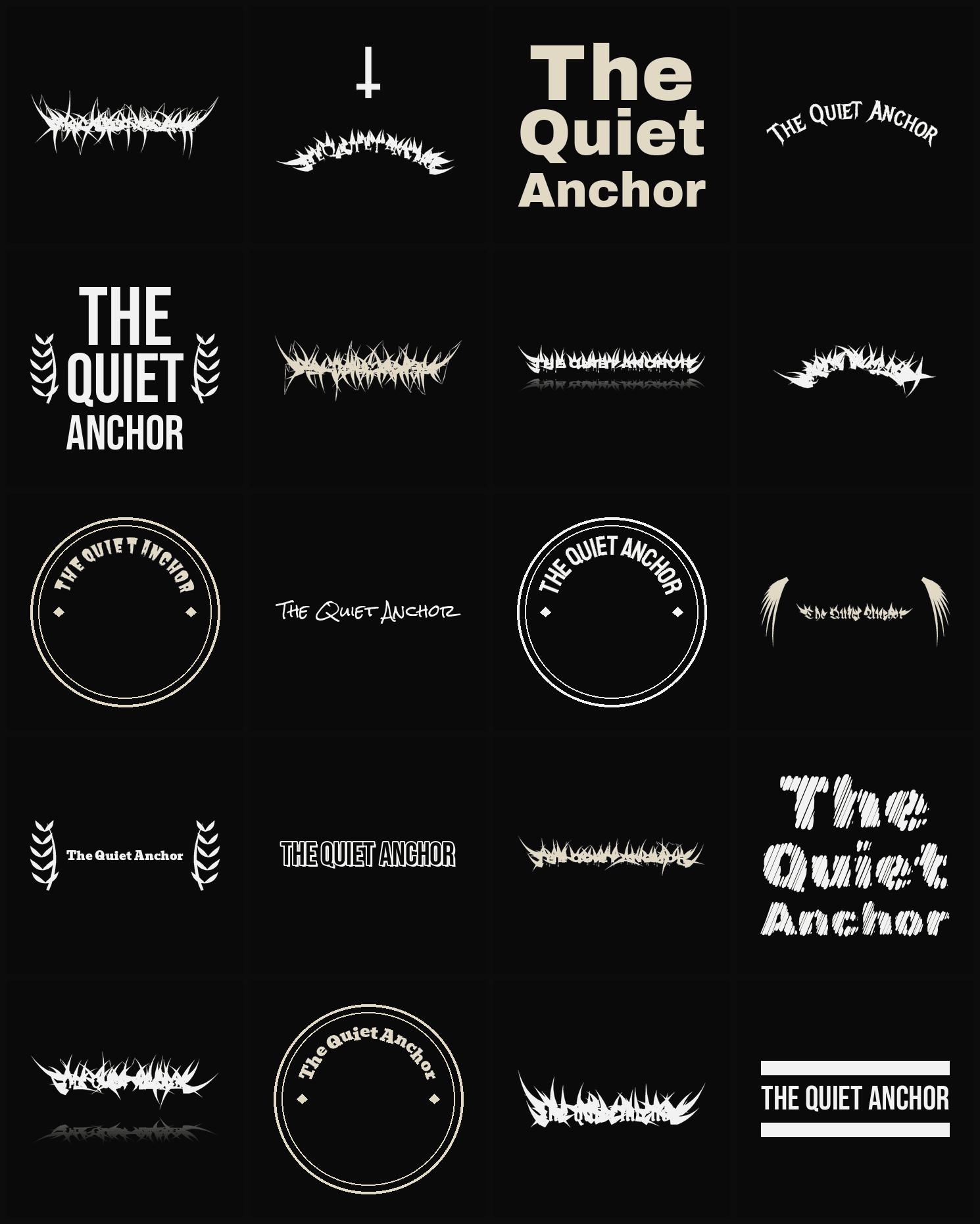 Twenty The Quiet Anchor band logo ideas — different faces, treatments and spike settings