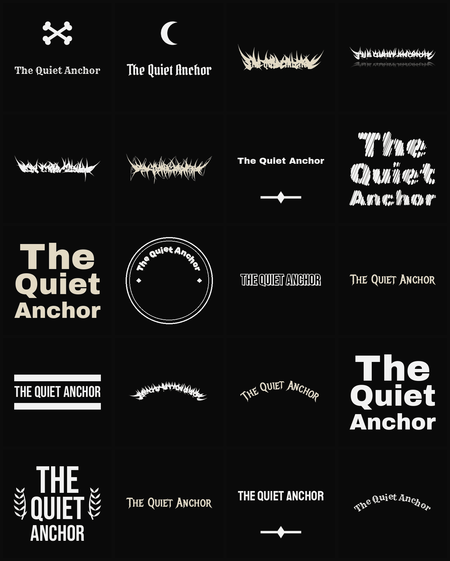 Twenty The Quiet Anchor band logo ideas — different faces, treatments and spike settings