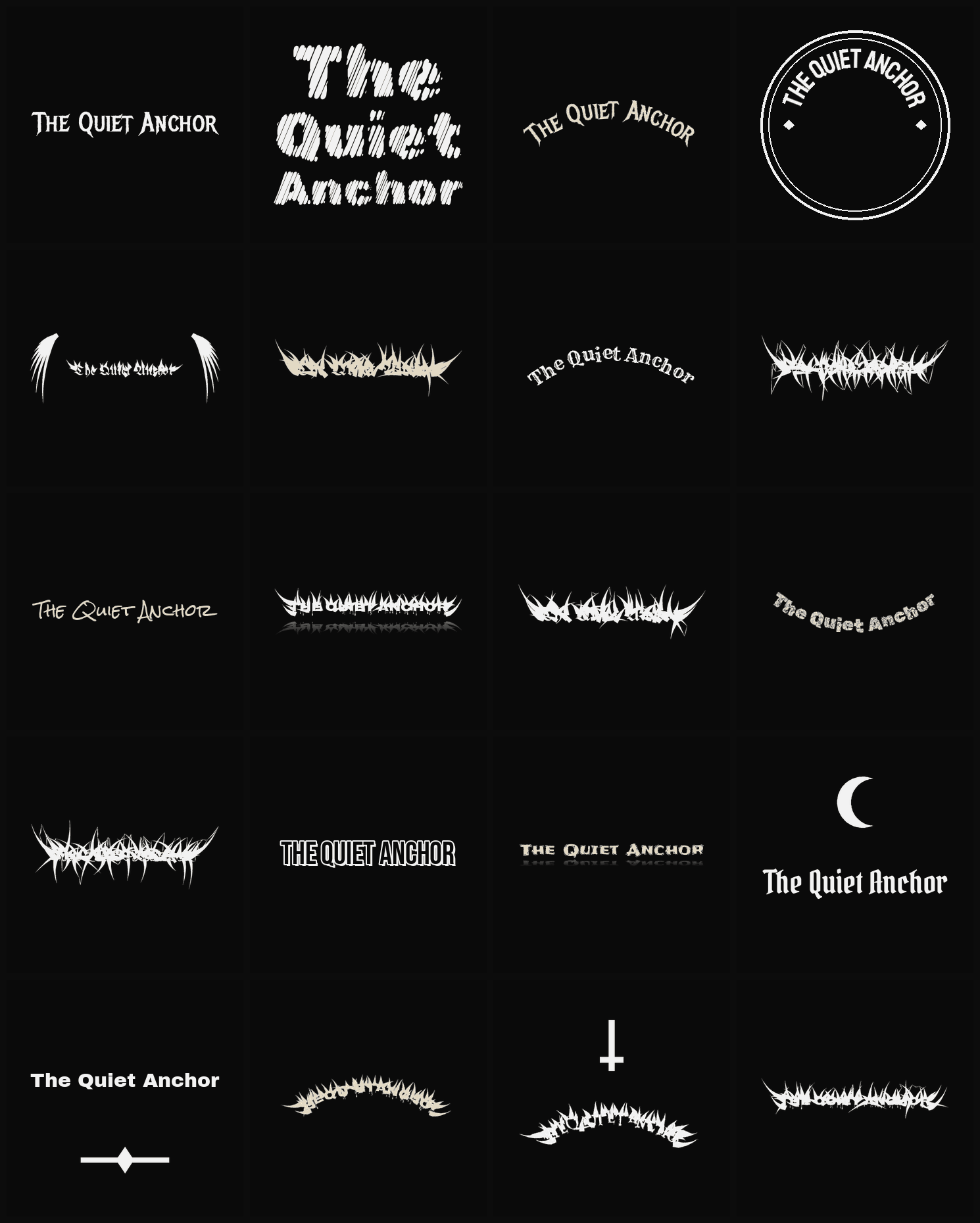 Twenty The Quiet Anchor band logo ideas — different faces, treatments and spike settings