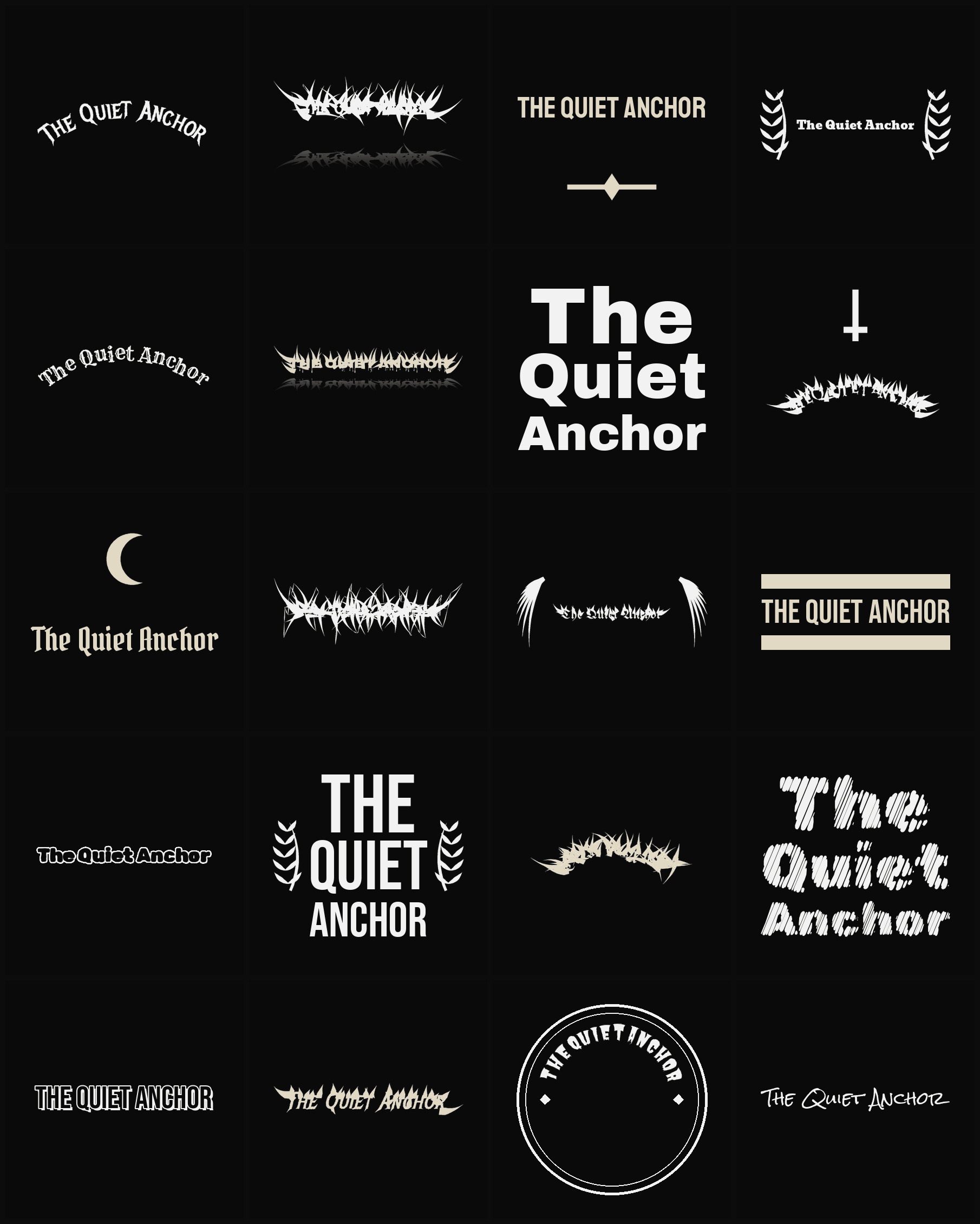Twenty The Quiet Anchor band logo ideas — different faces, treatments and spike settings