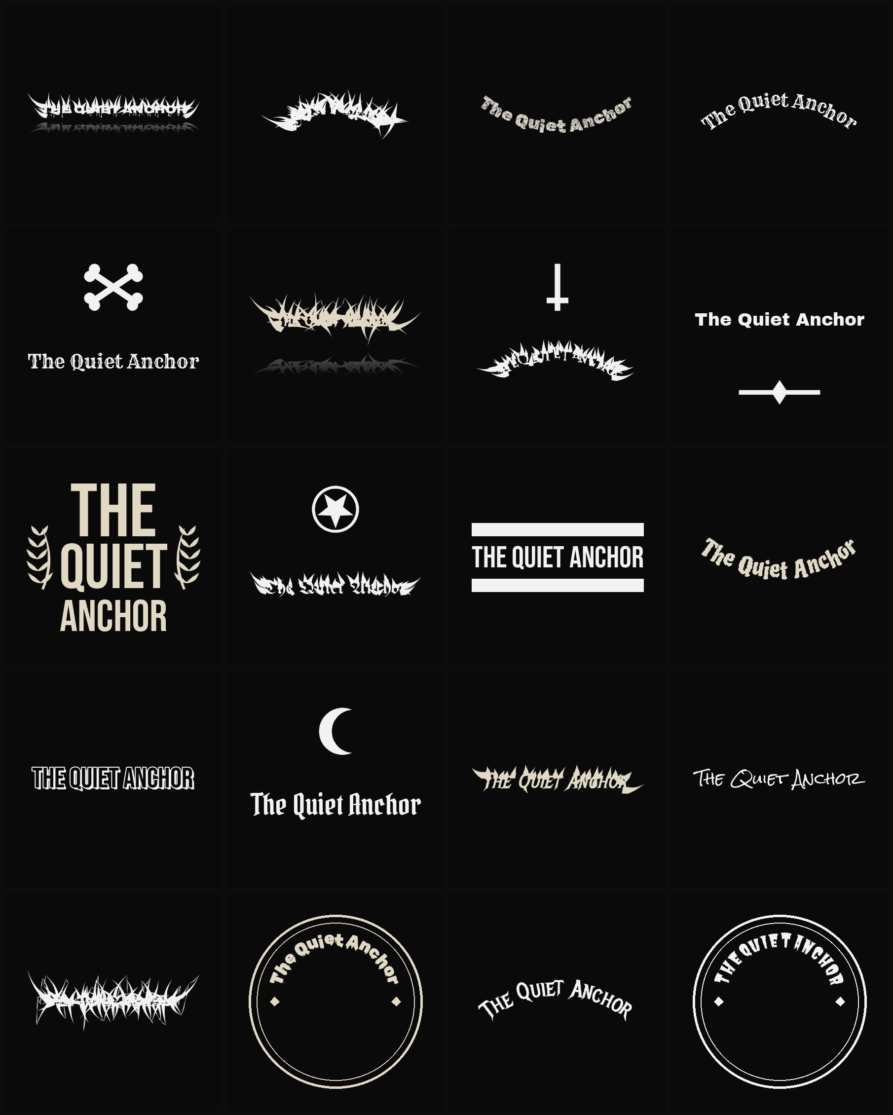 Twenty The Quiet Anchor band logo ideas — different faces, treatments and spike settings