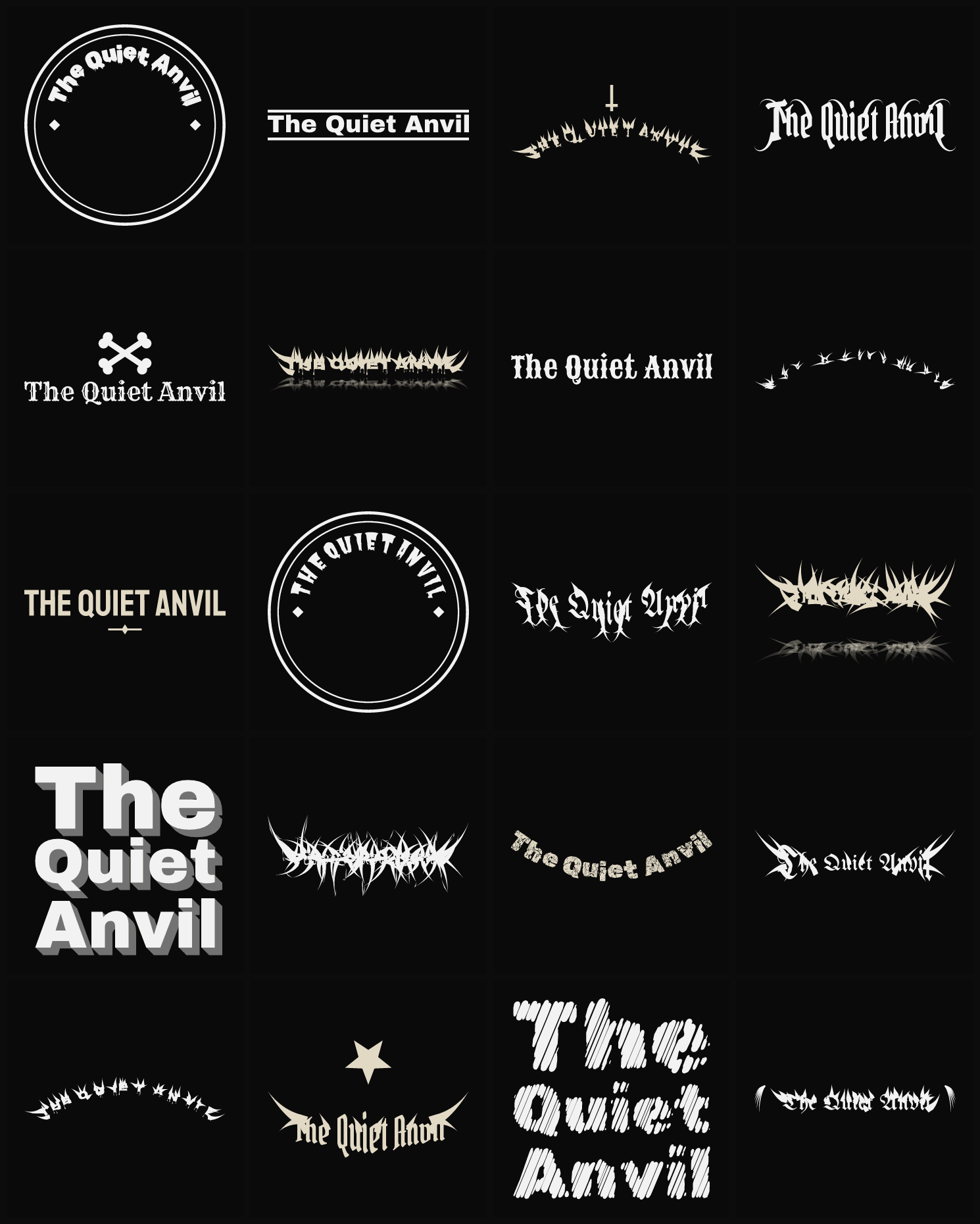 Twenty The Quiet Anvil band logo ideas — different faces, treatments and spike settings