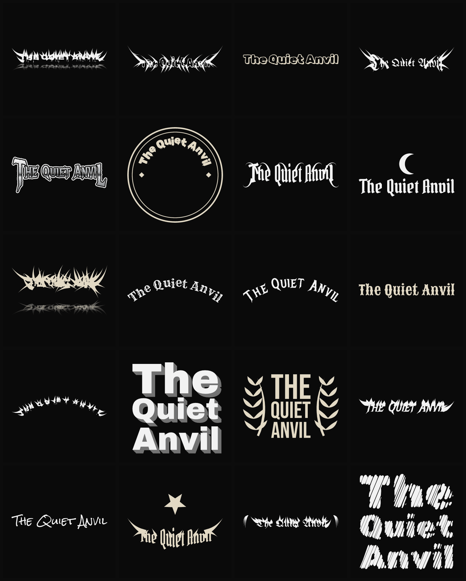 Twenty The Quiet Anvil band logo ideas — different faces, treatments and spike settings