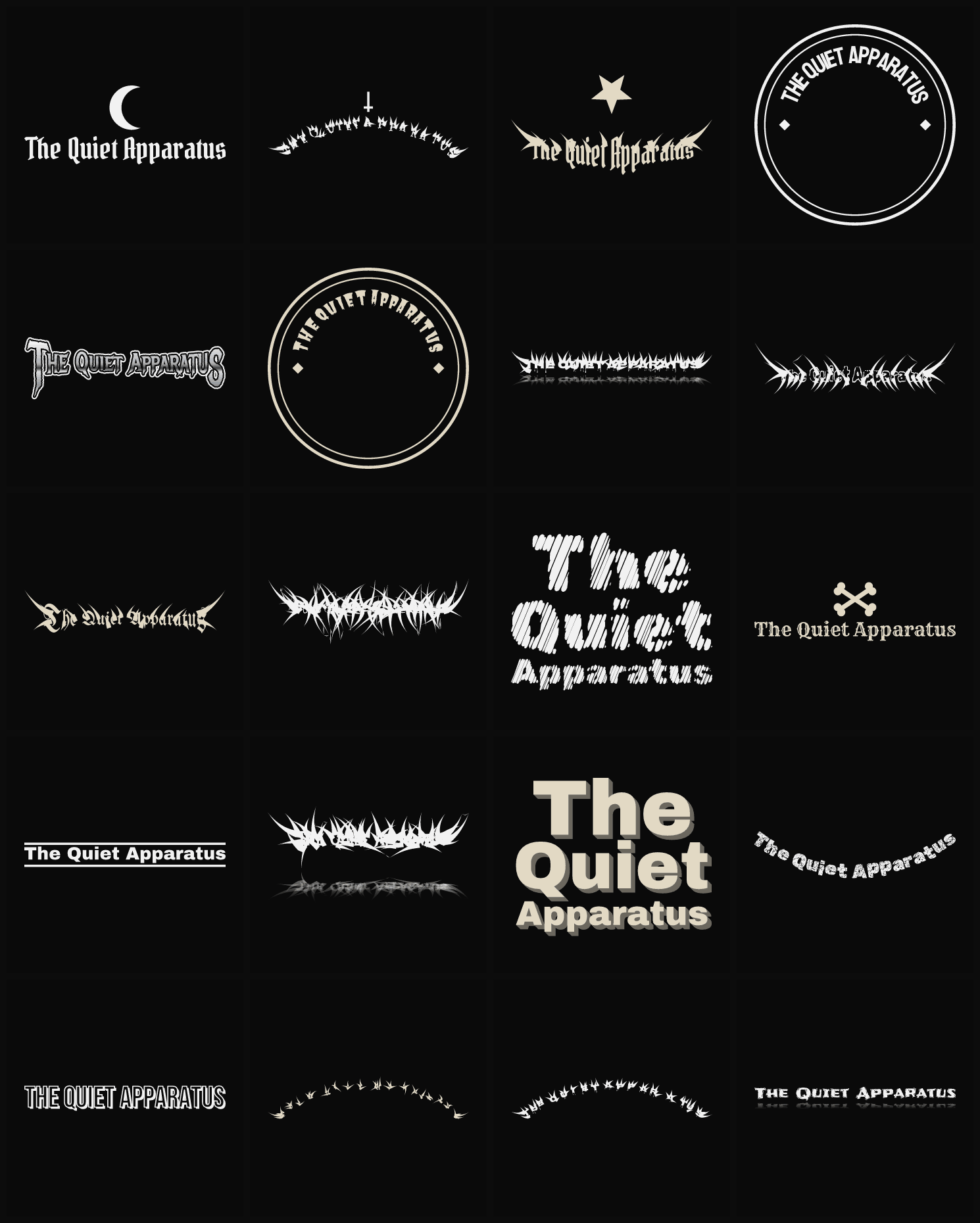 Twenty The Quiet Apparatus band logo ideas — different faces, treatments and spike settings