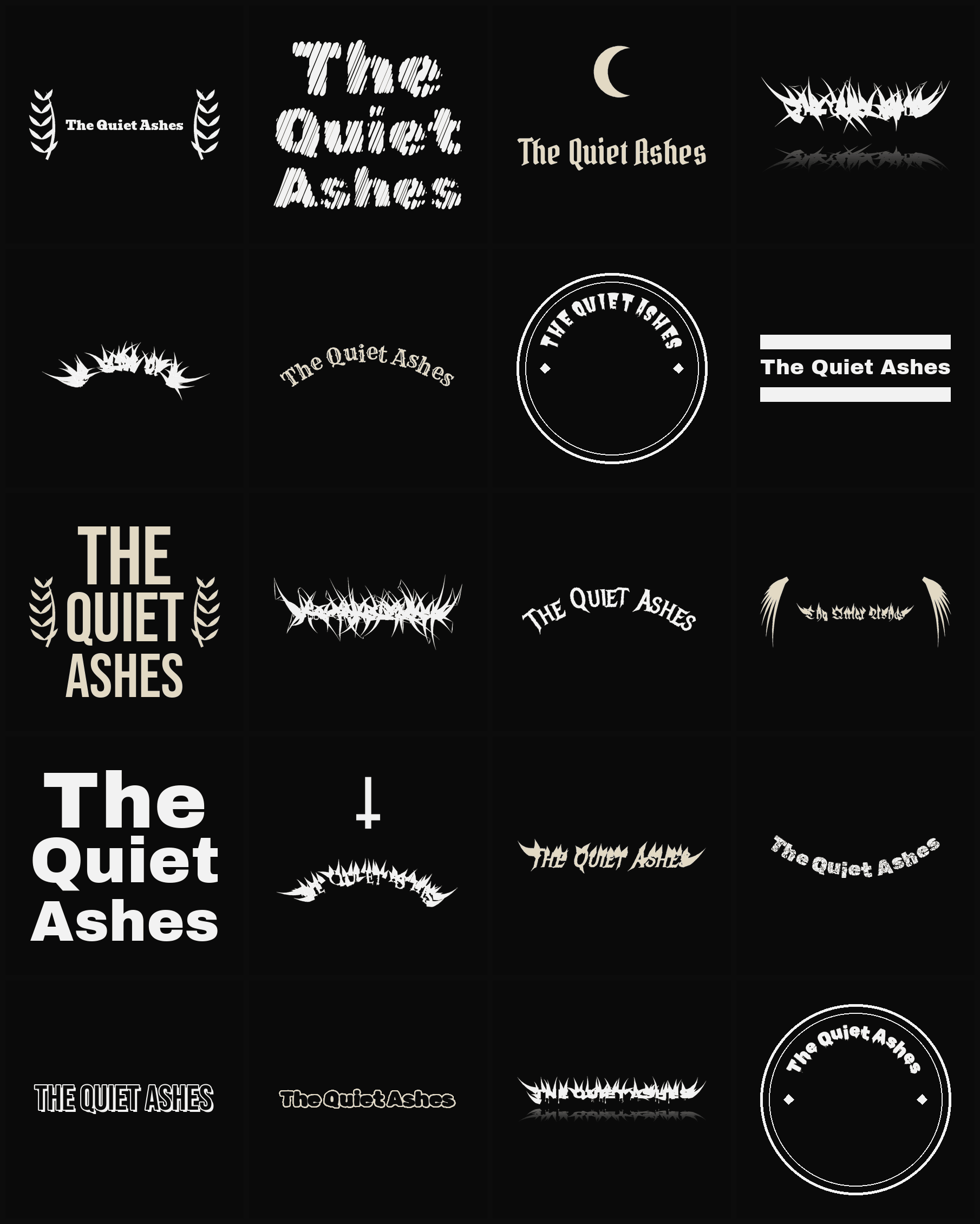 Twenty The Quiet Ashes band logo ideas — different faces, treatments and spike settings