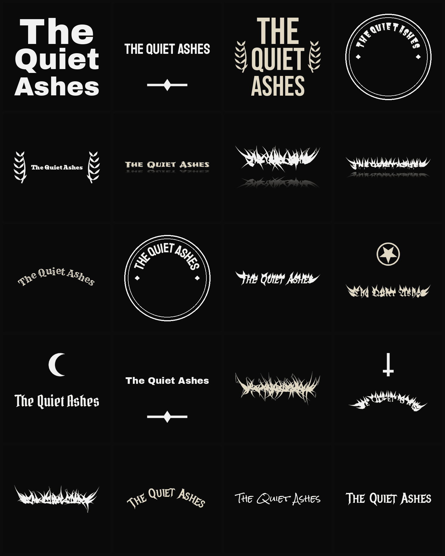 Twenty The Quiet Ashes band logo ideas — different faces, treatments and spike settings
