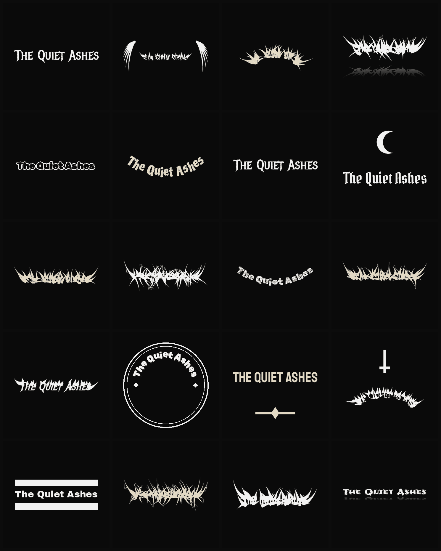 Twenty The Quiet Ashes band logo ideas — different faces, treatments and spike settings