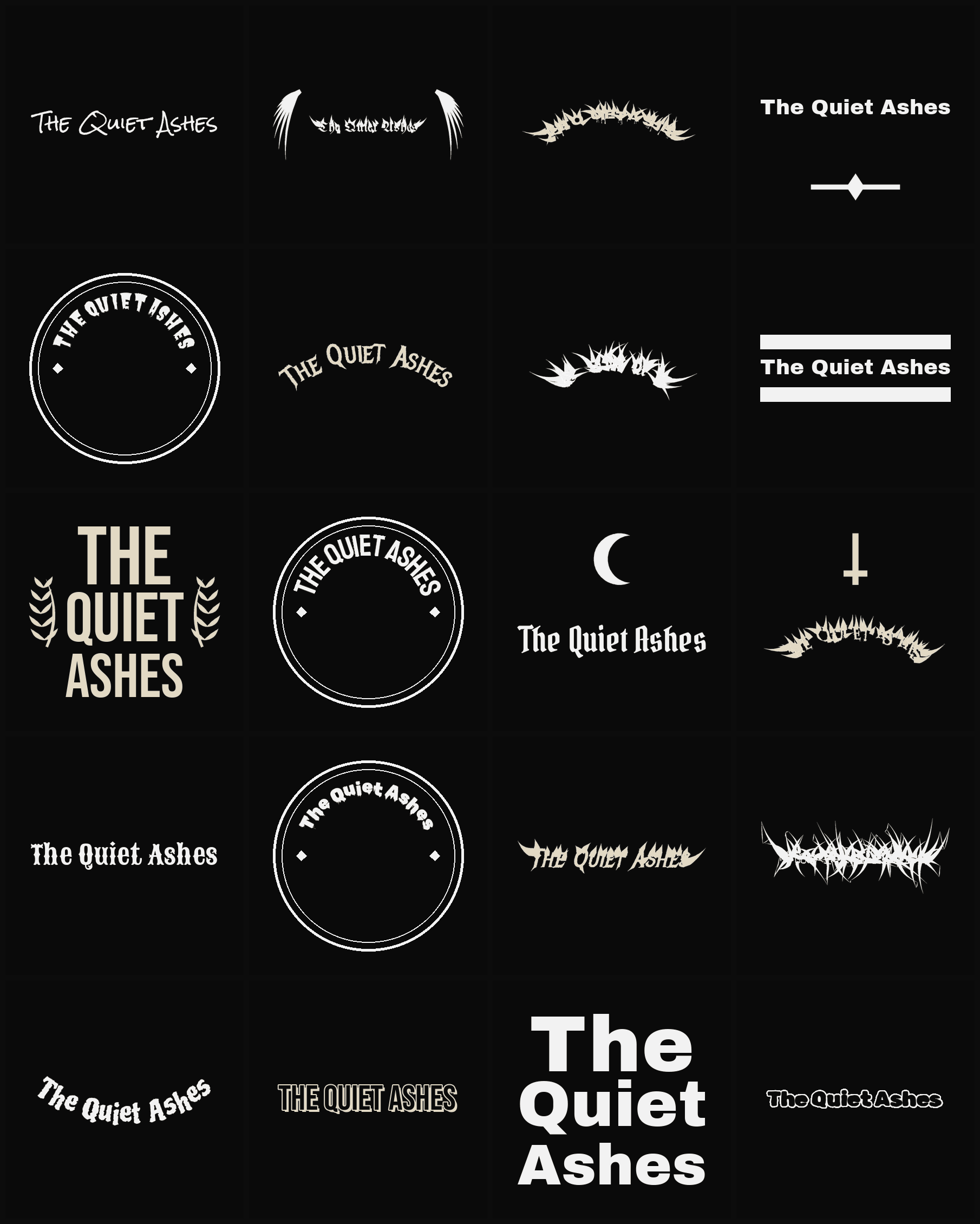 Twenty The Quiet Ashes band logo ideas — different faces, treatments and spike settings