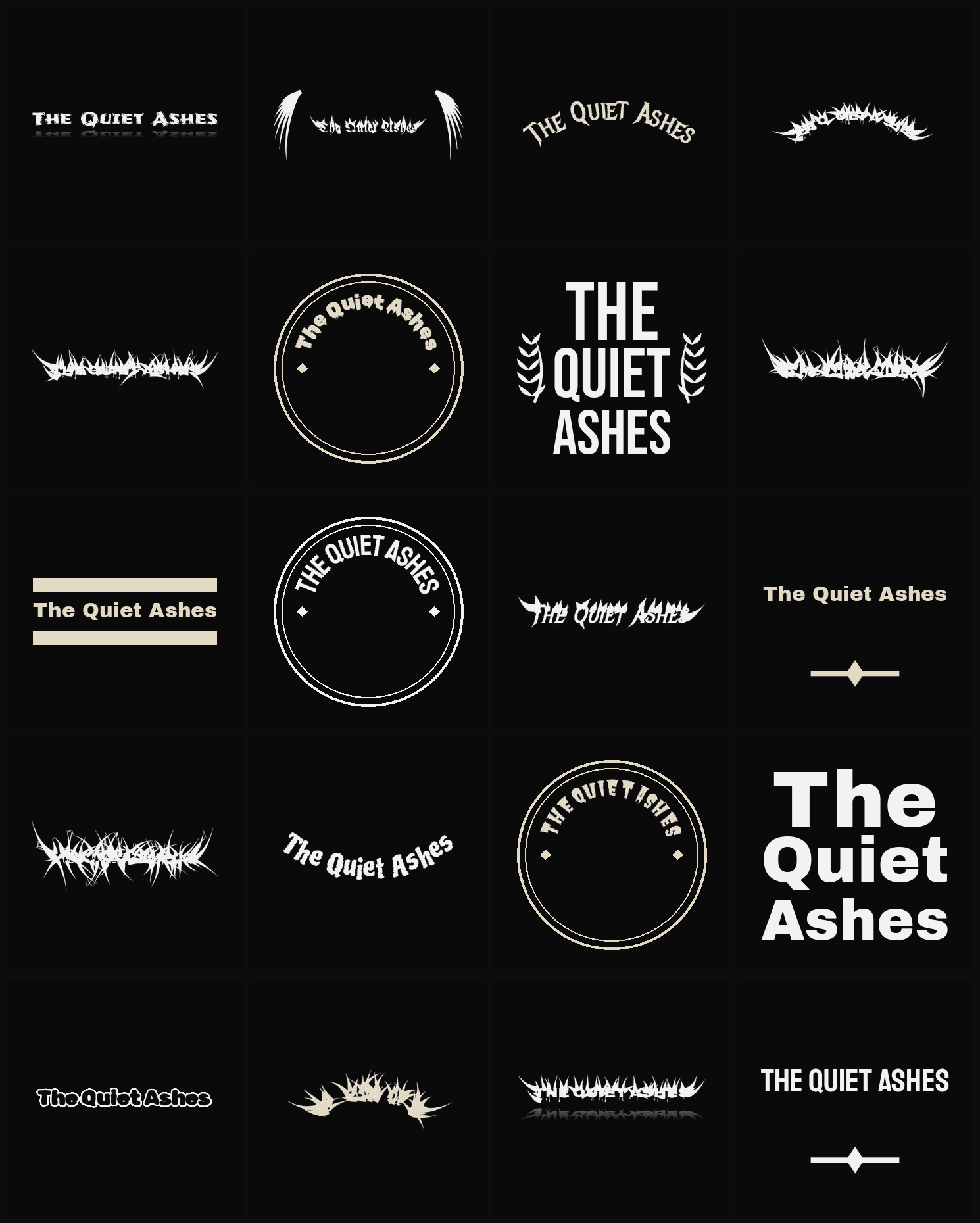 Twenty The Quiet Ashes band logo ideas — different faces, treatments and spike settings