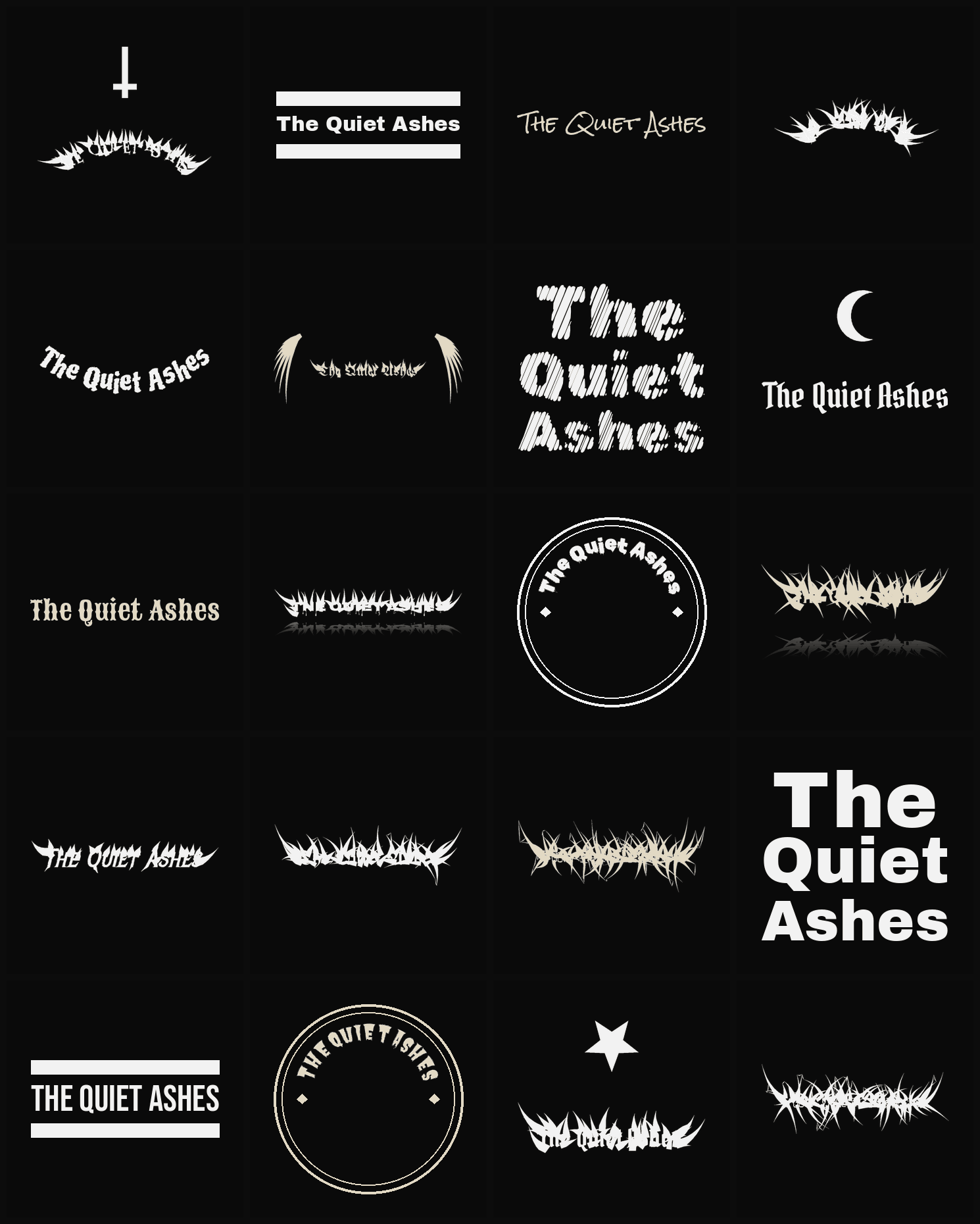 Twenty The Quiet Ashes band logo ideas — different faces, treatments and spike settings