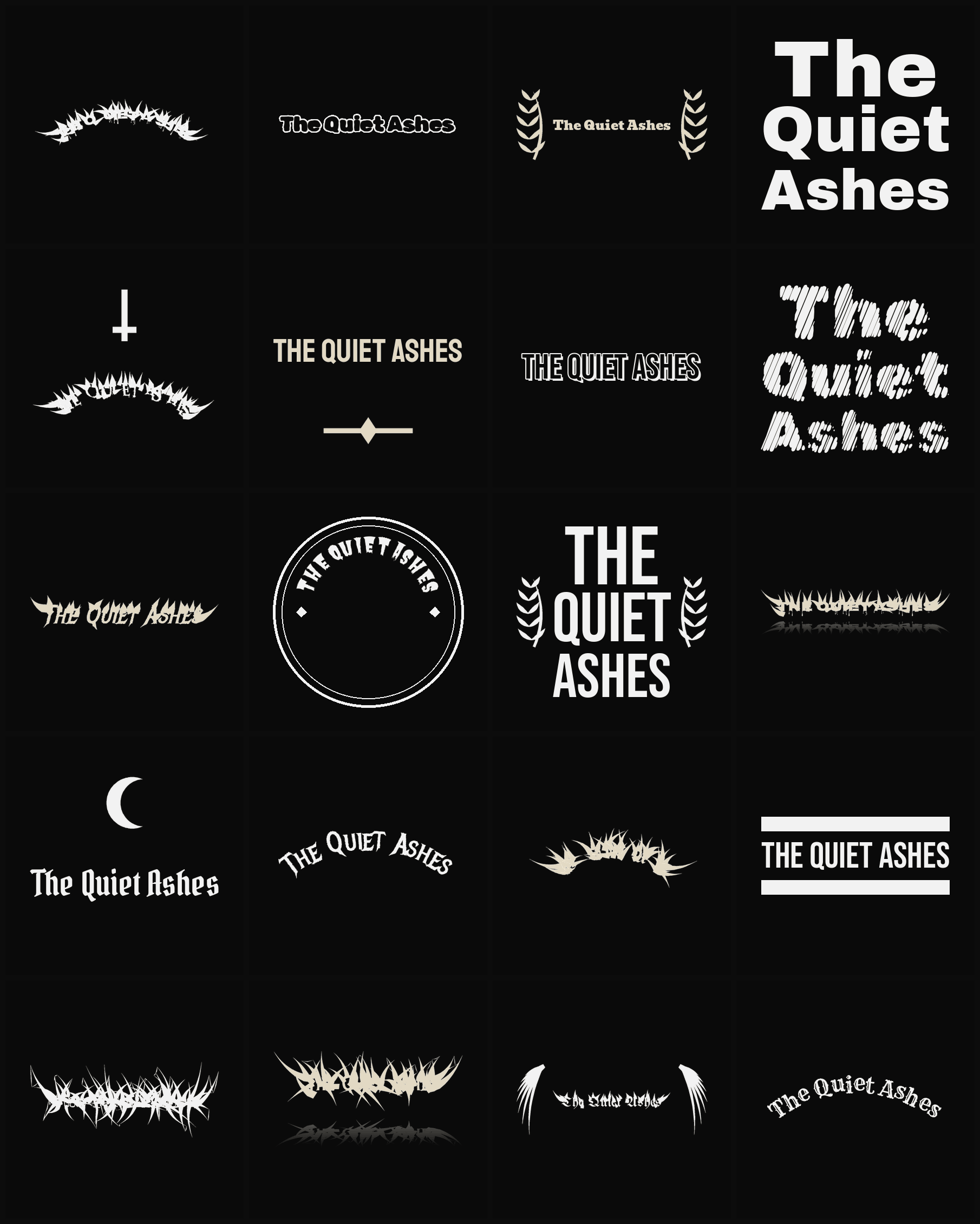 Twenty The Quiet Ashes band logo ideas — different faces, treatments and spike settings