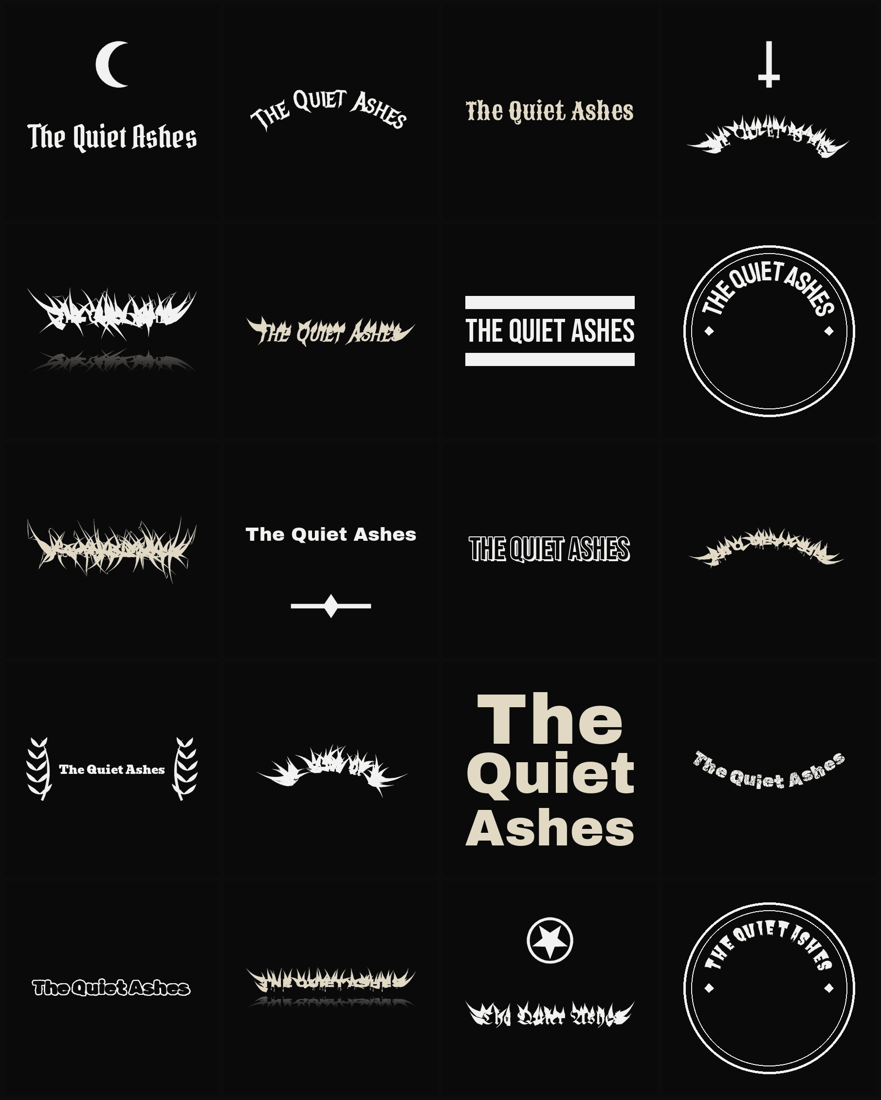 Twenty The Quiet Ashes band logo ideas — different faces, treatments and spike settings