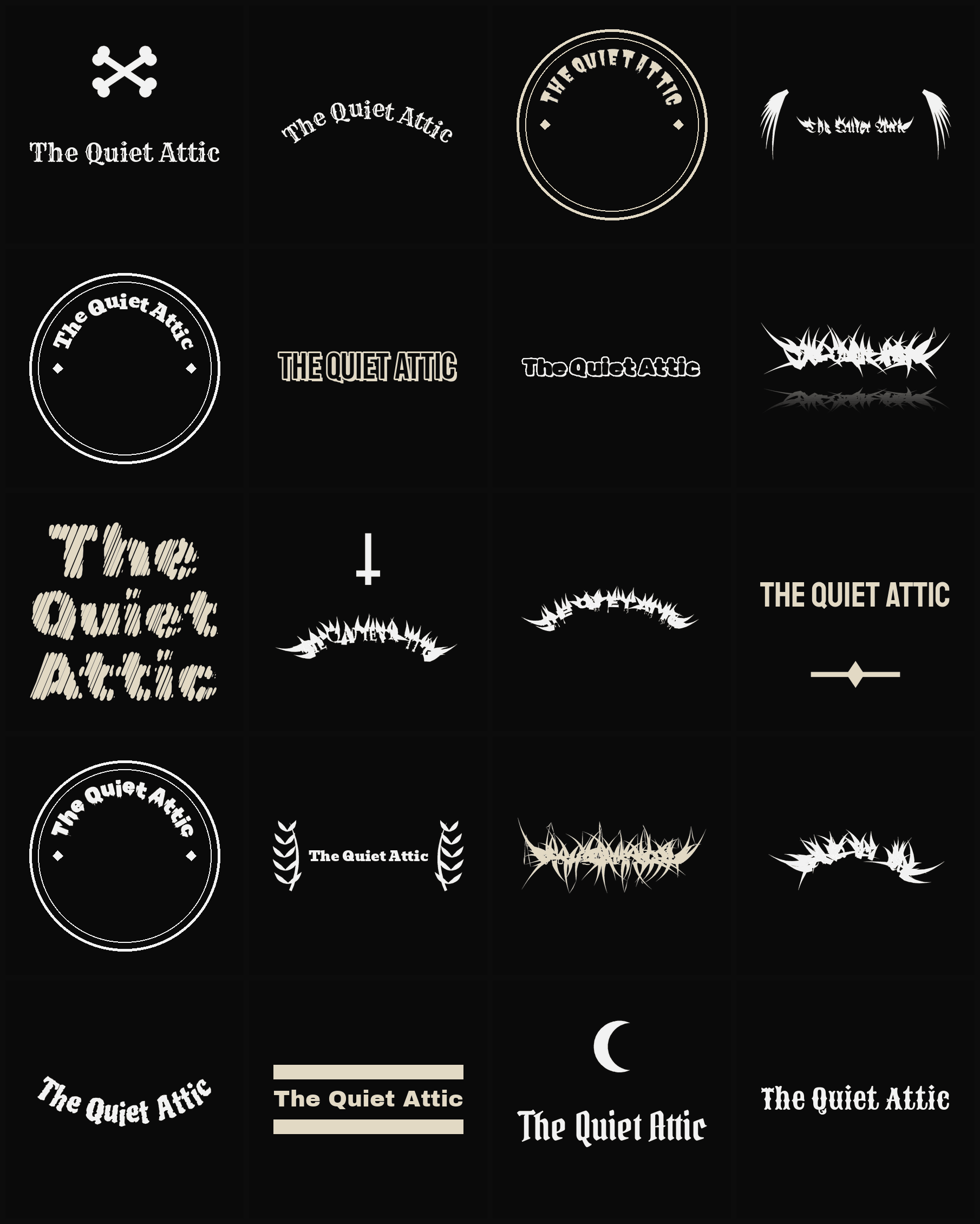 Twenty The Quiet Attic band logo ideas — different faces, treatments and spike settings