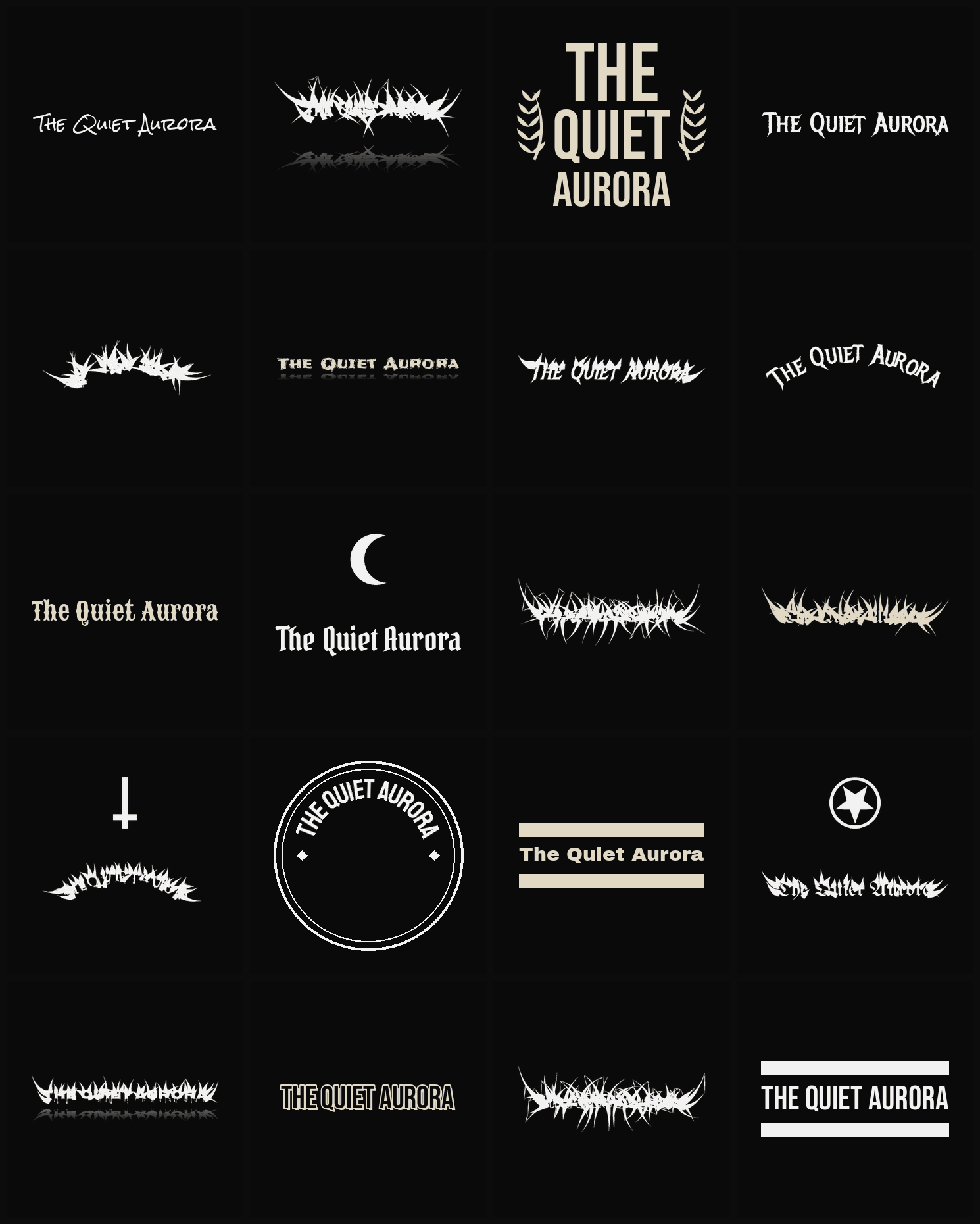 Twenty The Quiet Aurora band logo ideas — different faces, treatments and spike settings