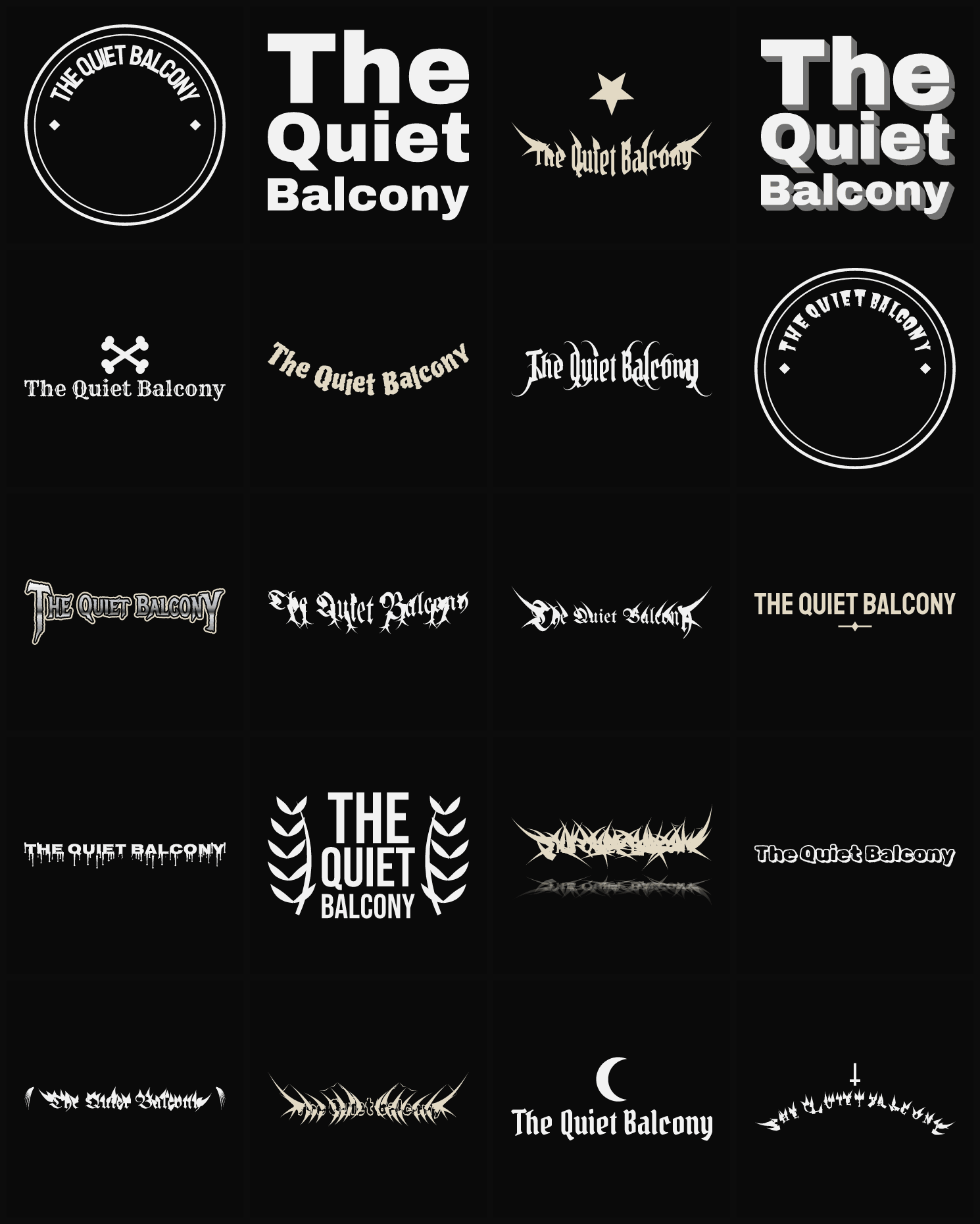 Twenty The Quiet Balcony band logo ideas — different faces, treatments and spike settings