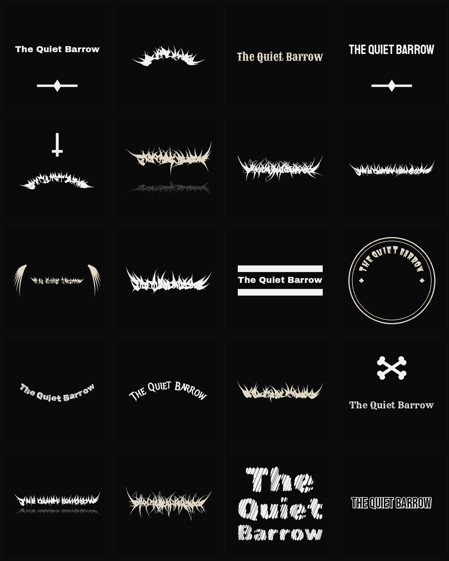 Twenty The Quiet Barrow band logo ideas — different faces, treatments and spike settings