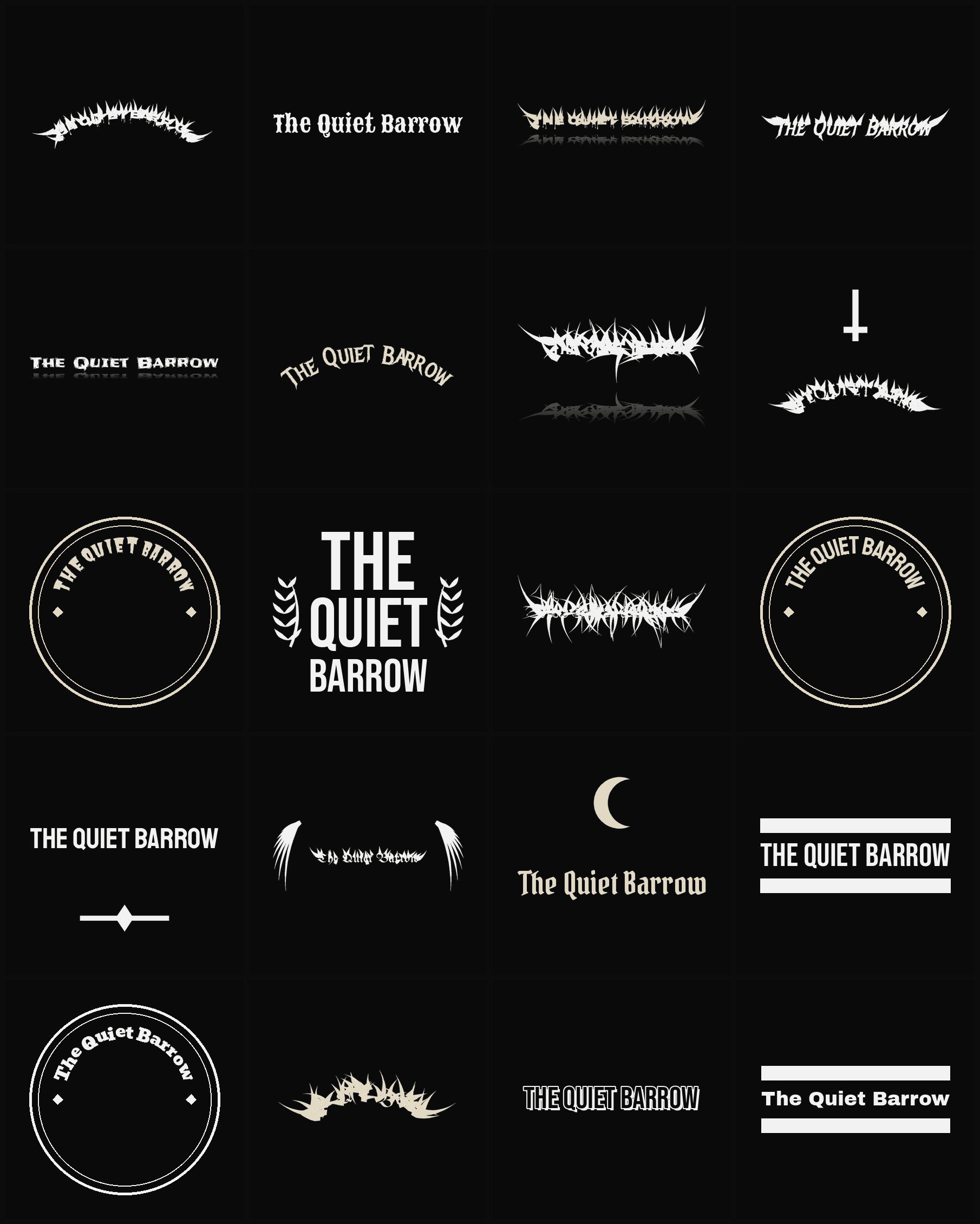 Twenty The Quiet Barrow band logo ideas — different faces, treatments and spike settings