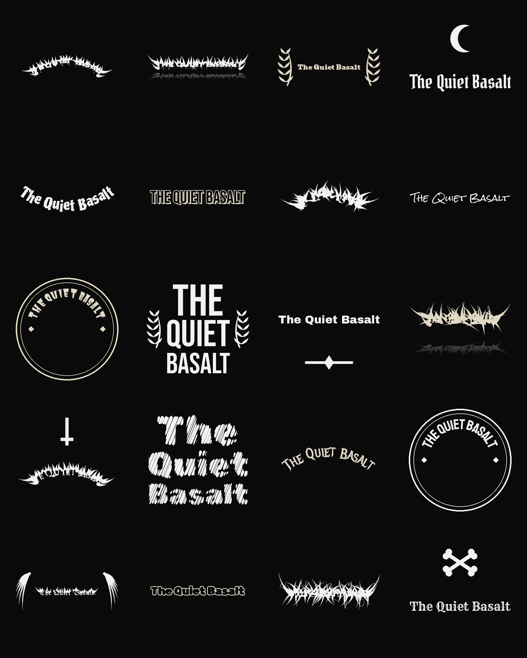 Twenty The Quiet Basalt band logo ideas — different faces, treatments and spike settings